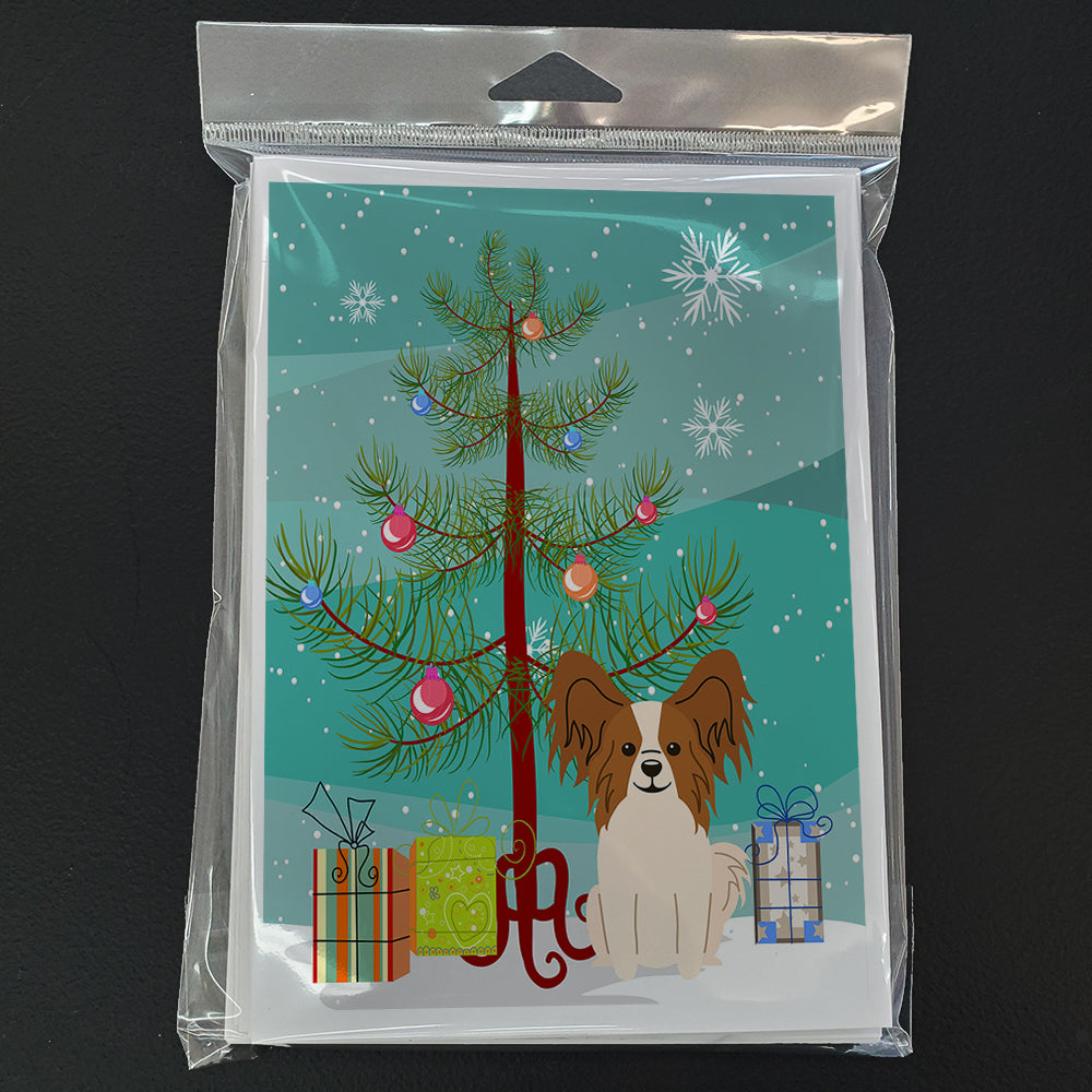 Merry Christmas Tree Papillon Red White Greeting Cards Pack of 8