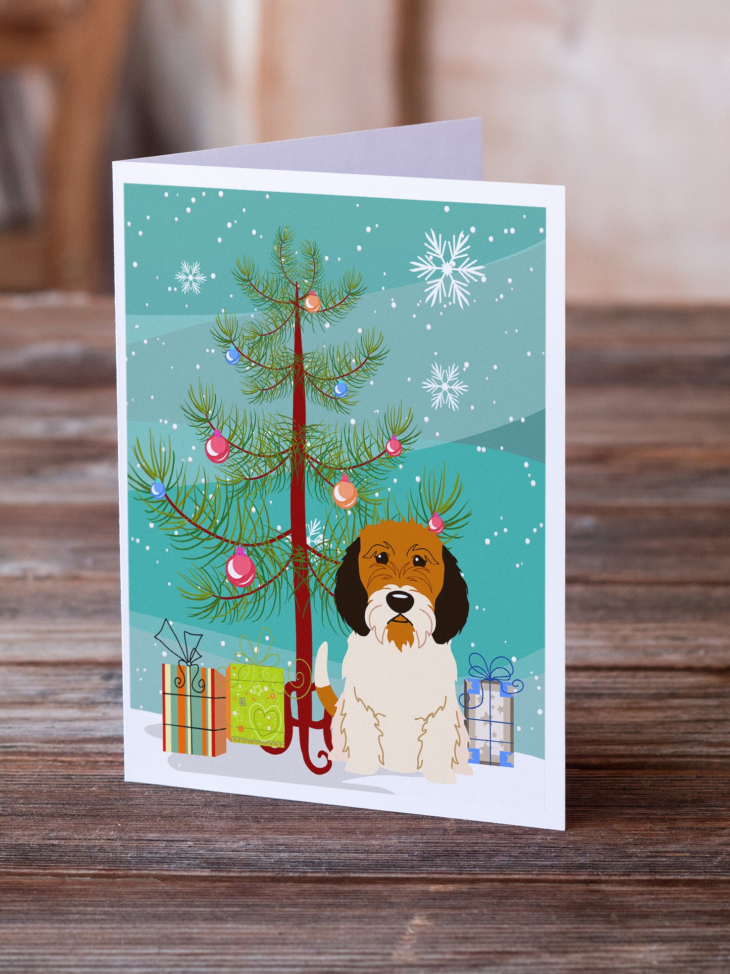 Merry Christmas Tree Petit Basset Griffon Veenden Greeting Cards Pack of 8
