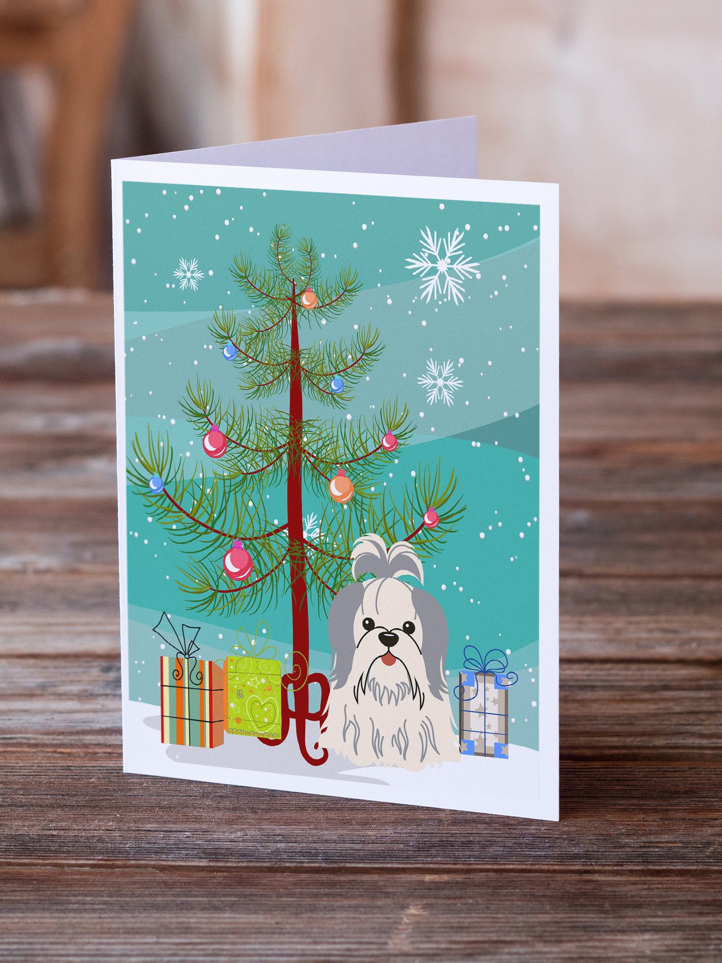 Merry Christmas Tree Shih Tzu Silver White Greeting Cards Pack of 8