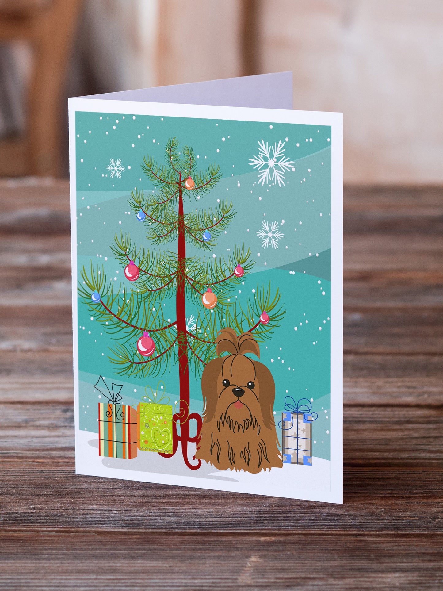 Merry Christmas Tree Shih Tzu Silver Chocolate Greeting Cards Pack of 8