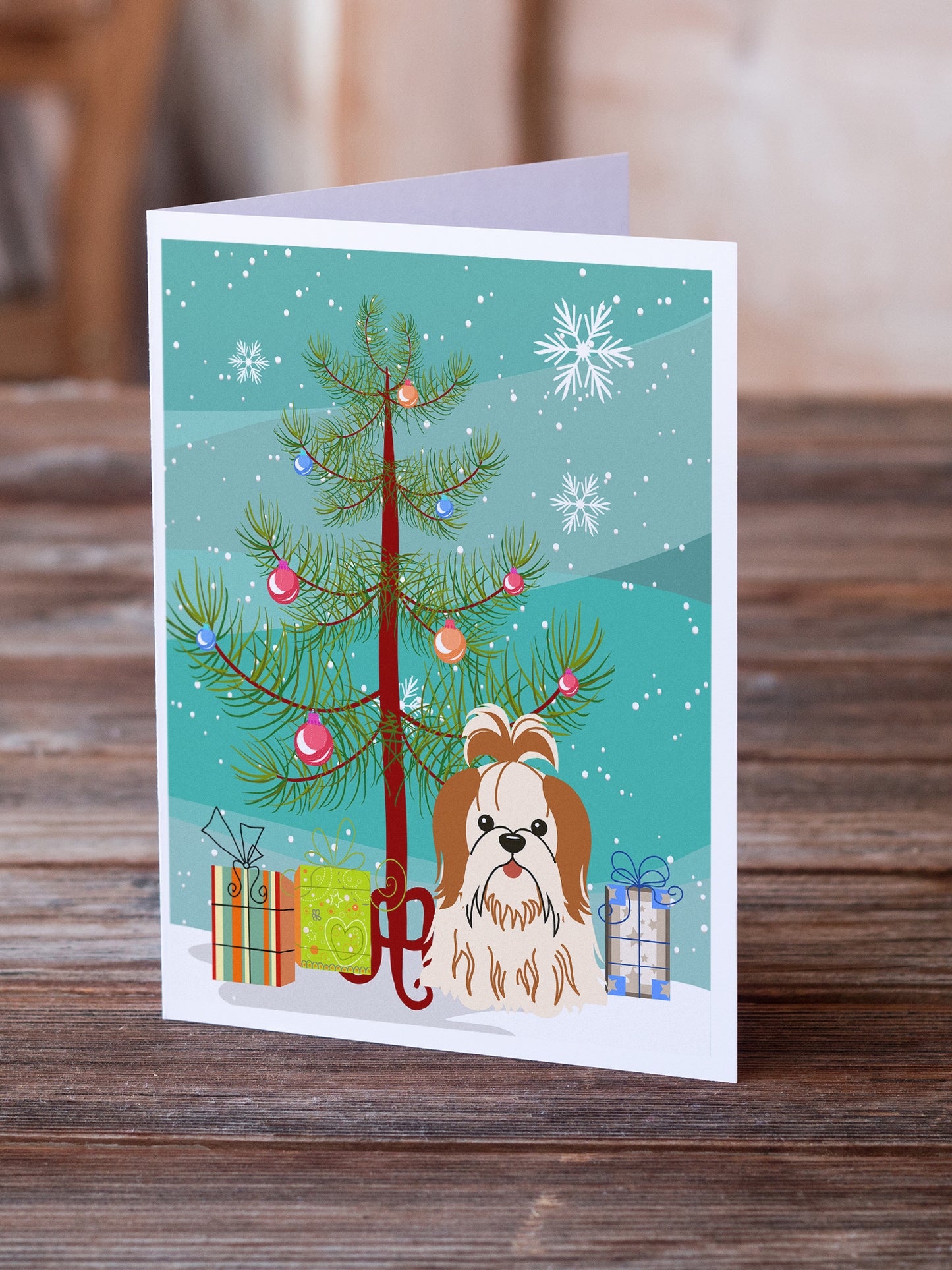 Merry Christmas Tree Shih Tzu Red White Greeting Cards Pack of 8