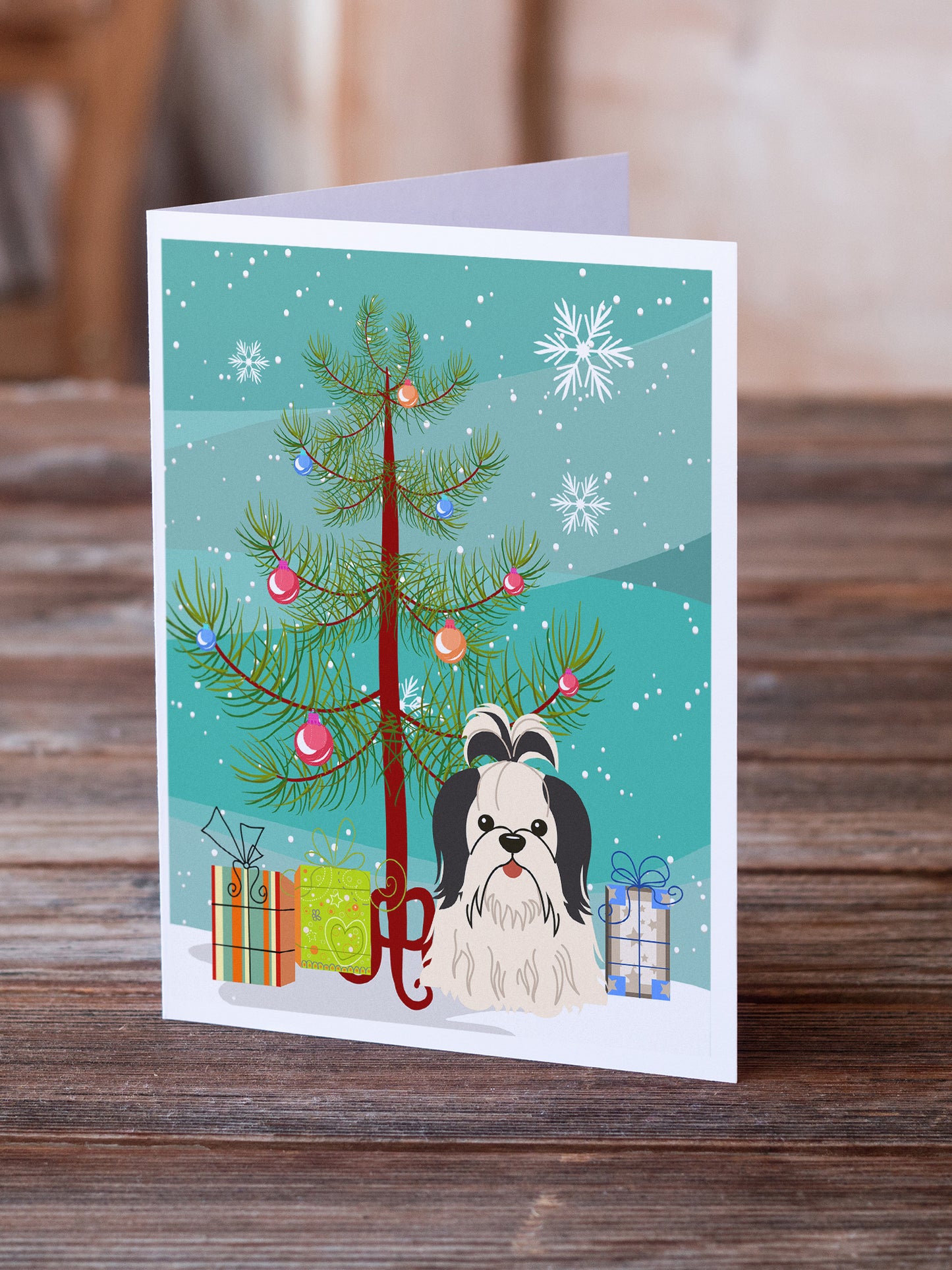 Merry Christmas Tree Shih Tzu Black White Greeting Cards Pack of 8