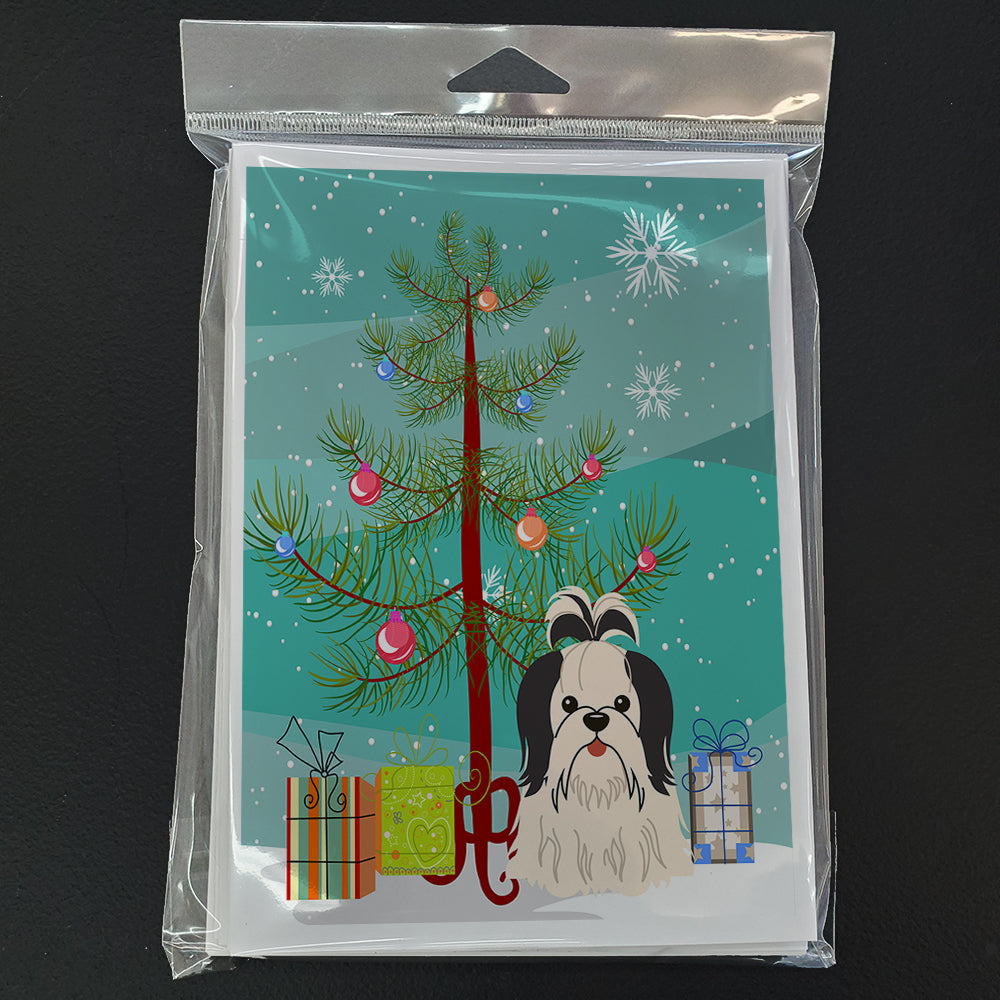 Merry Christmas Tree Shih Tzu Black White Greeting Cards Pack of 8