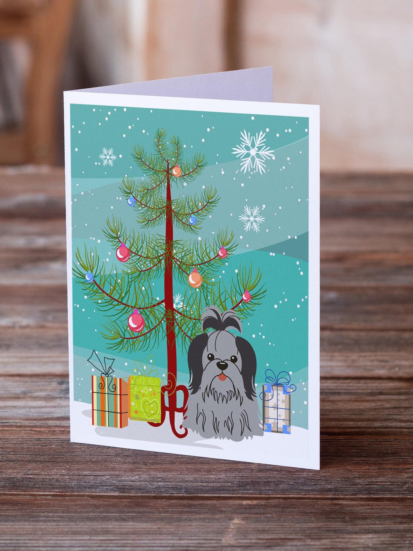 Merry Christmas Tree Shih Tzu Black Silver Greeting Cards Pack of 8