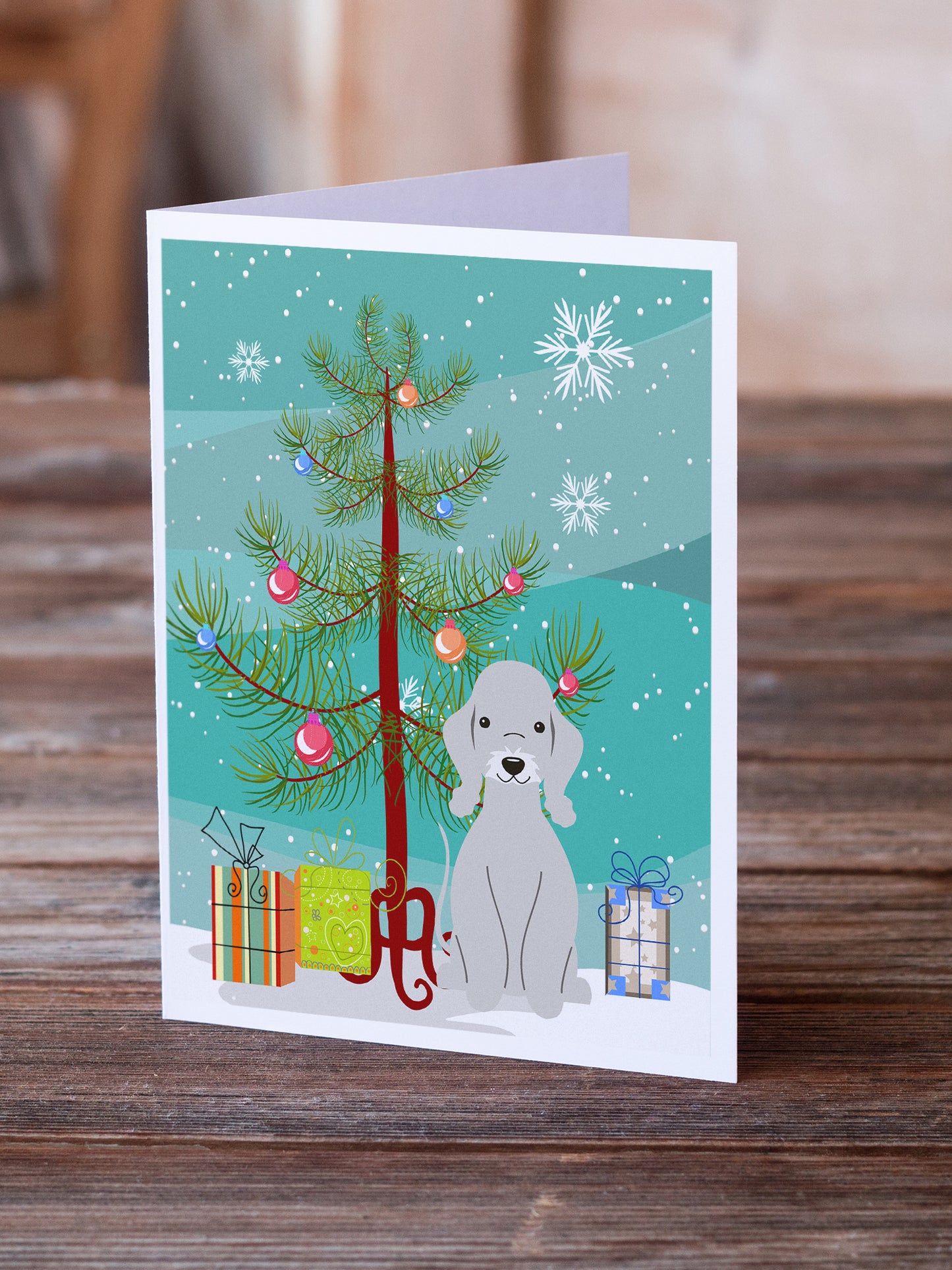 Merry Christmas Tree Bedlington Terrier Blue Greeting Cards Pack of 8