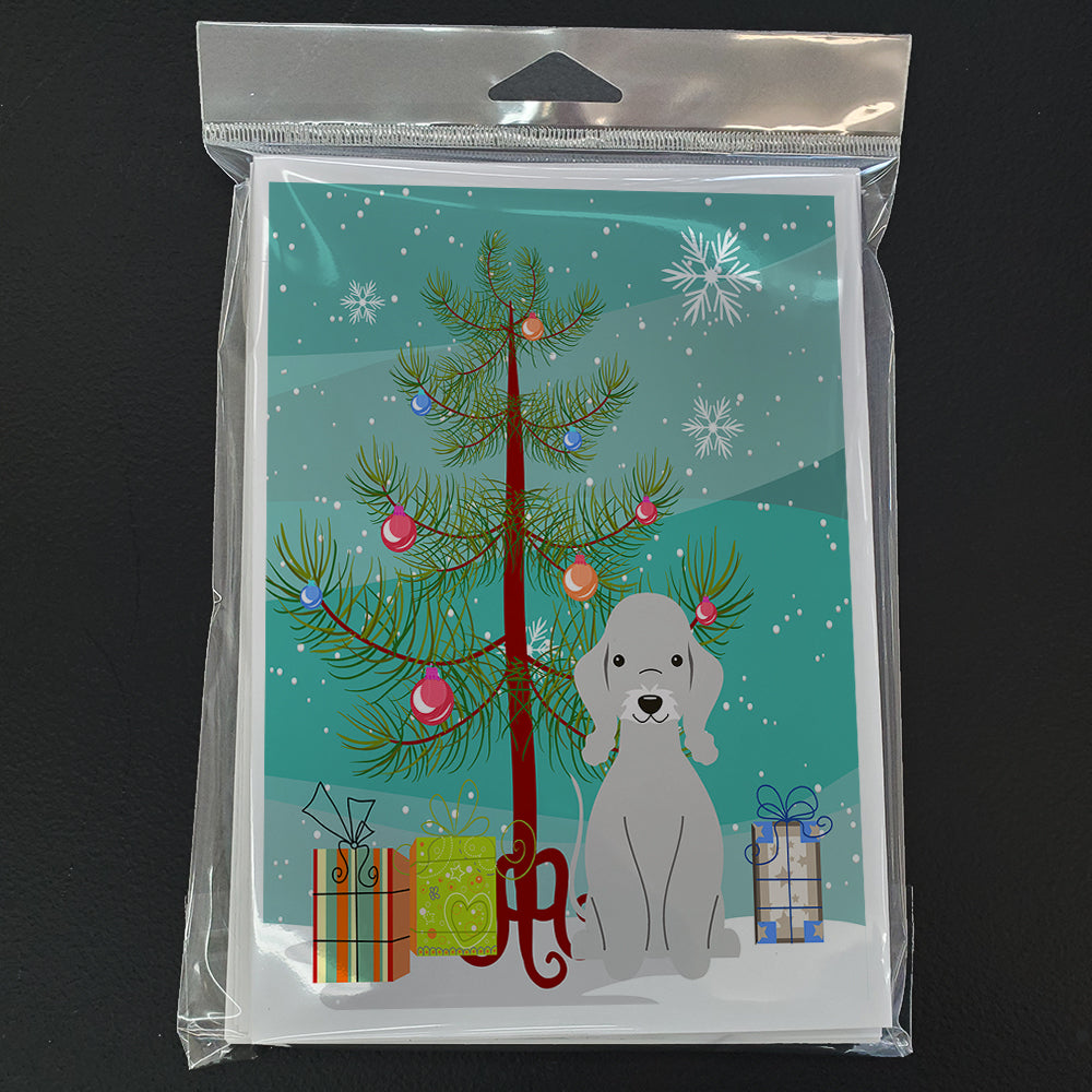 Merry Christmas Tree Bedlington Terrier Blue Greeting Cards Pack of 8