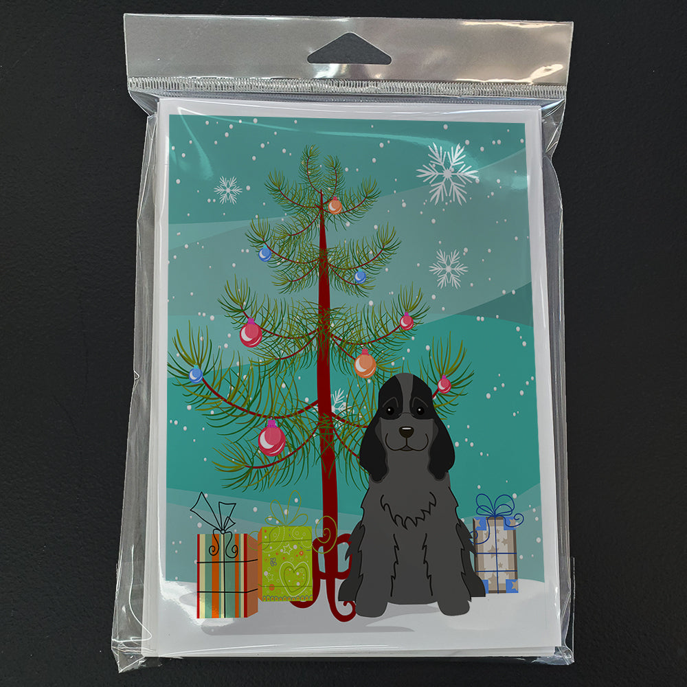 Merry Christmas Tree Cocker Spaniel Black Greeting Cards Pack of 8