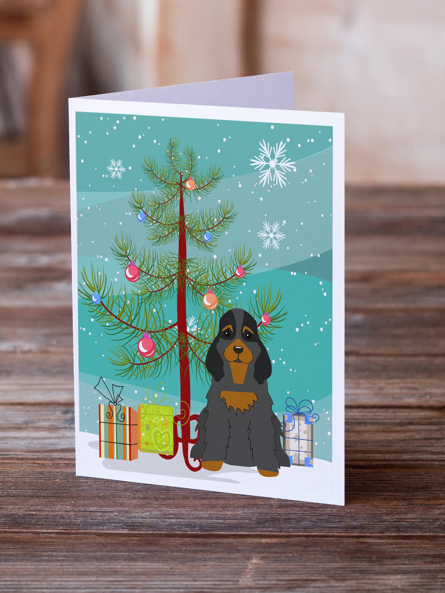 Merry Christmas Tree Cocker Spaniel Black Tan Greeting Cards Pack of 8