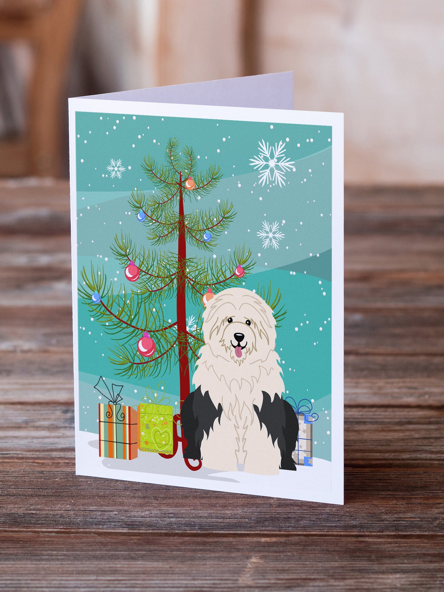 Merry Christmas Tree Old English Sheepdog Greeting Cards Pack of 8