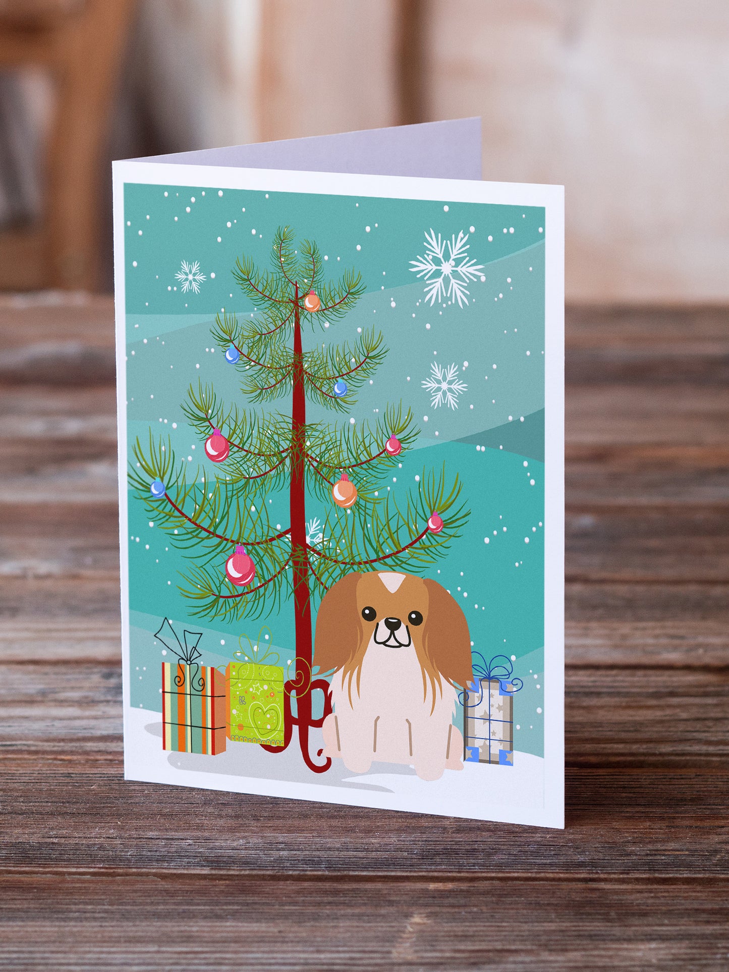 Merry Christmas Tree Pekingese Red White Greeting Cards Pack of 8