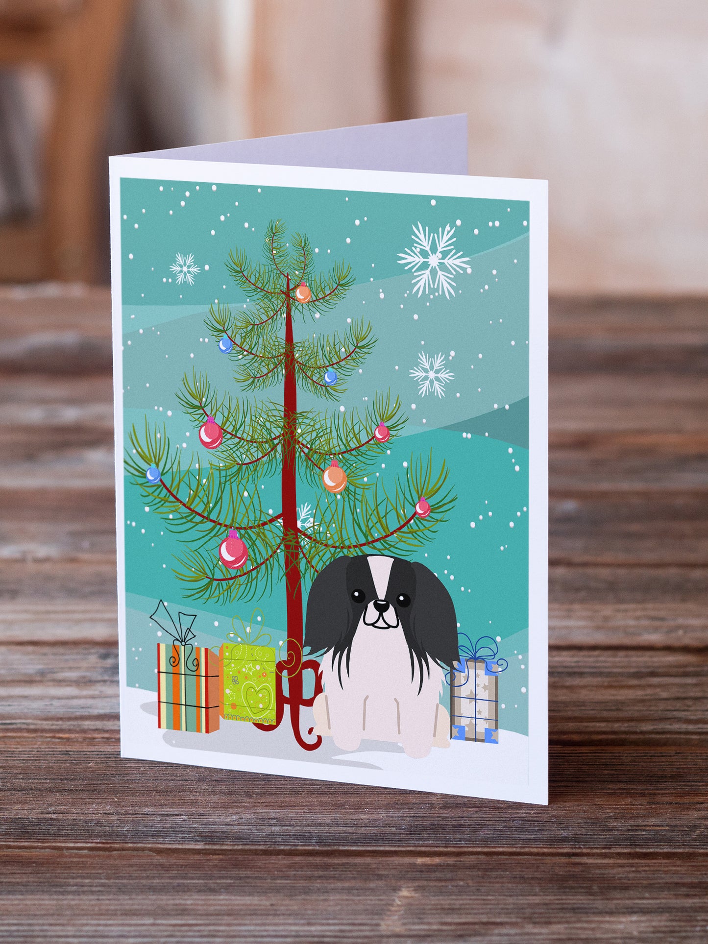 Merry Christmas Tree Pekingese Black White Greeting Cards Pack of 8
