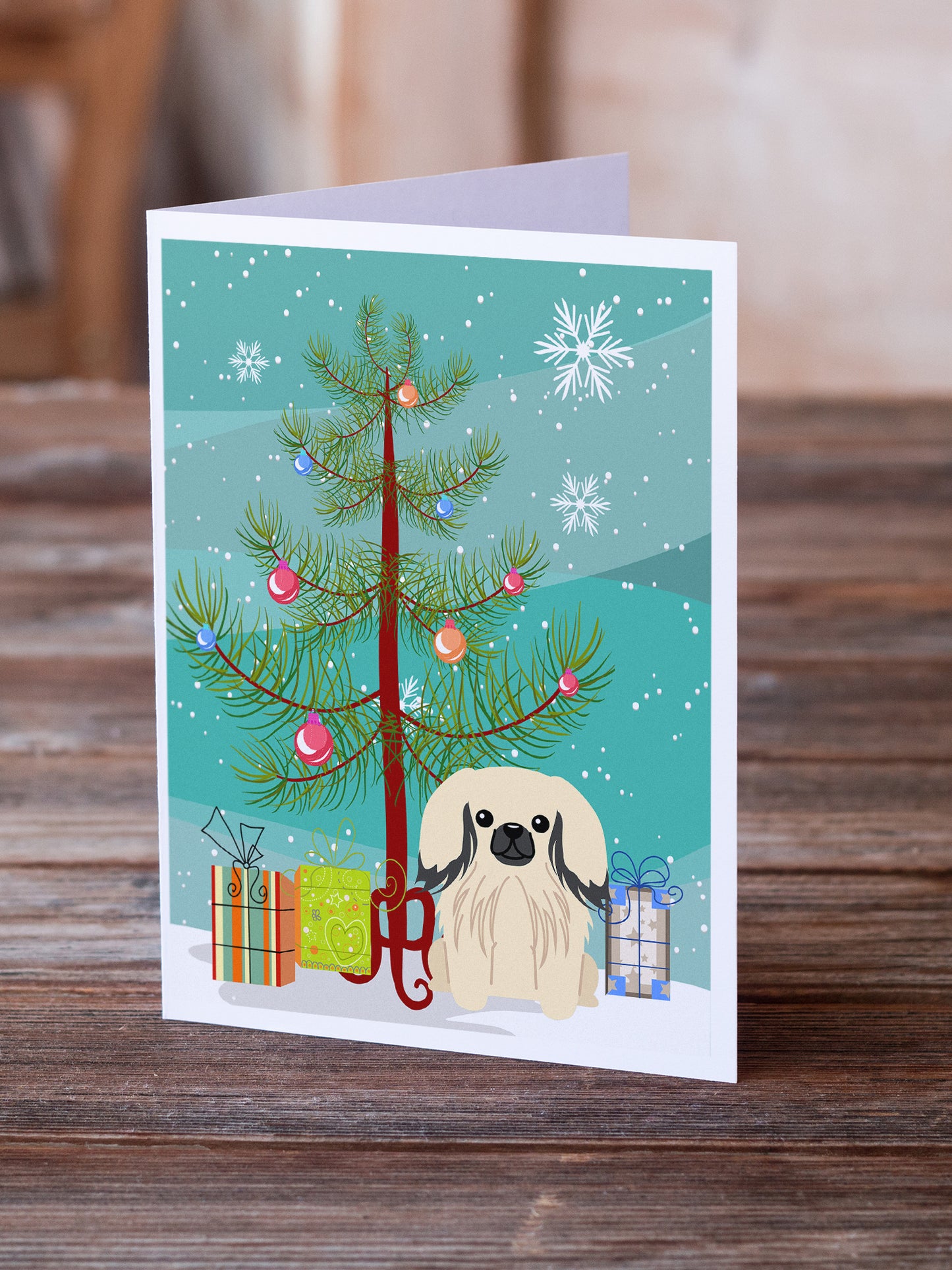 Merry Christmas Tree Pekingese Cream Greeting Cards Pack of 8