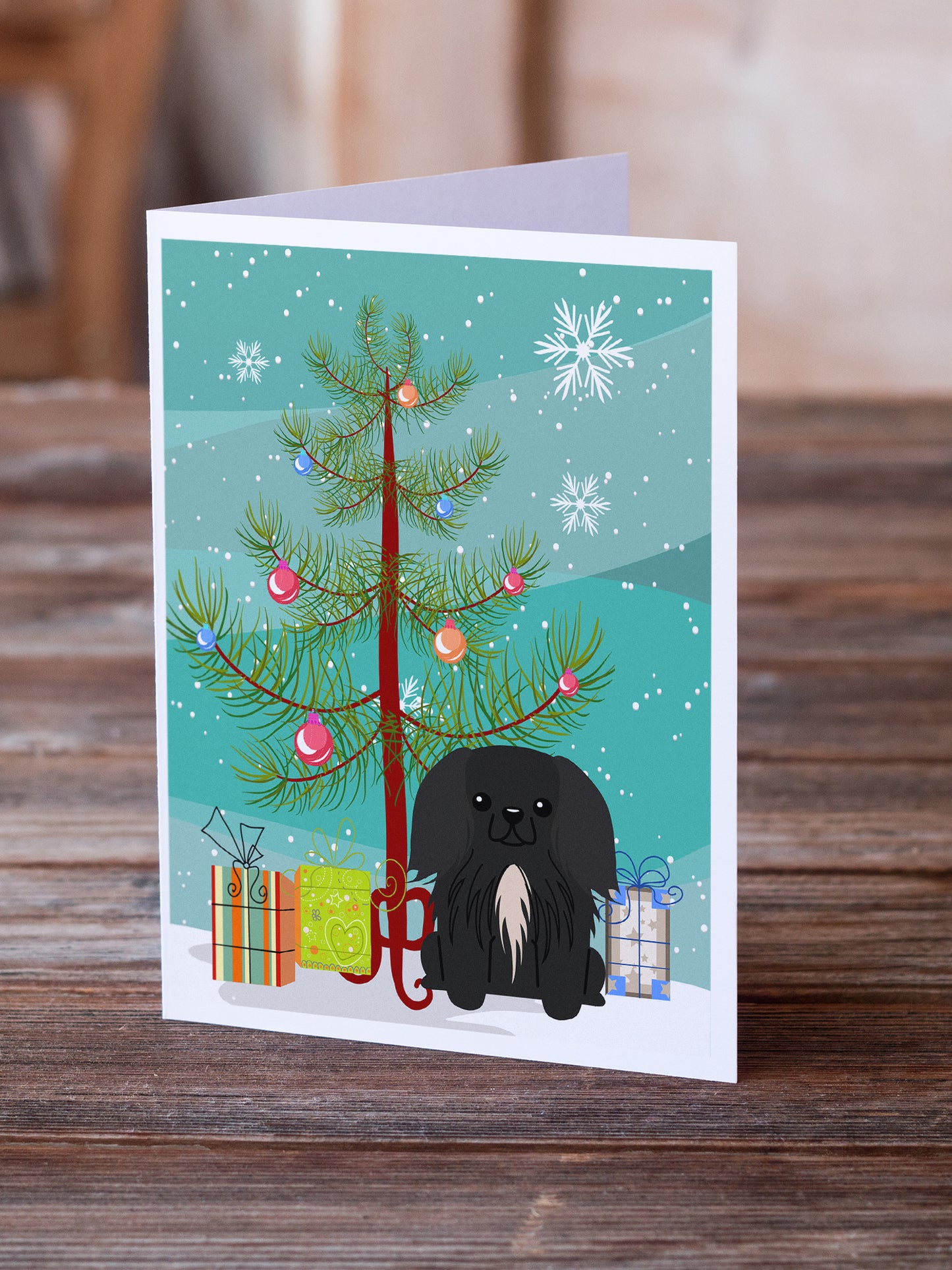 Merry Christmas Tree Pekingese Black Greeting Cards Pack of 8