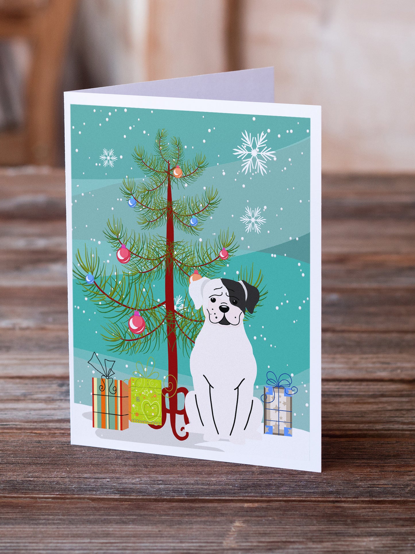 Merry Christmas Tree White Boxer Cooper Greeting Cards Pack of 8