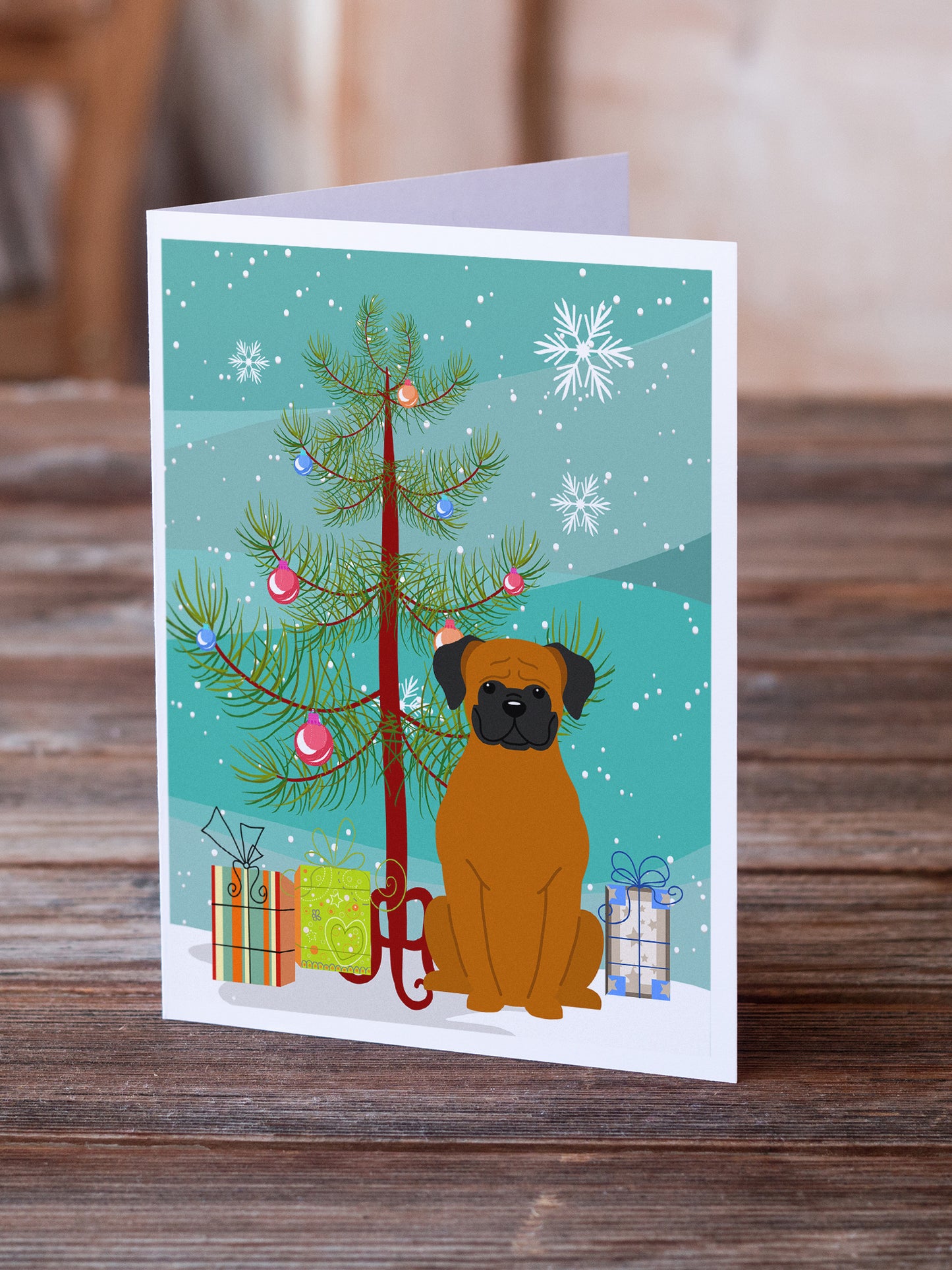 Merry Christmas Tree Fawn Boxer Greeting Cards Pack of 8