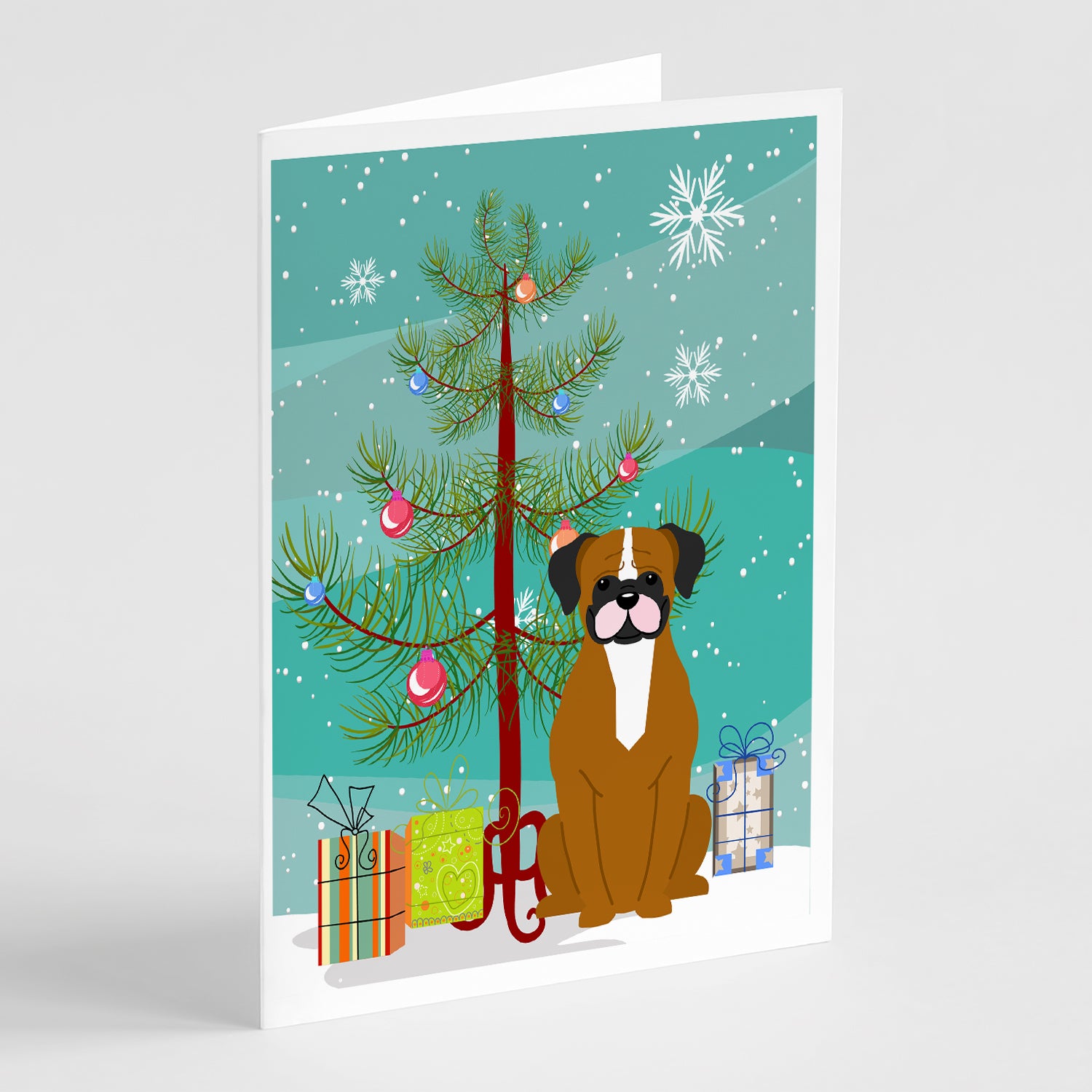 Buy this Merry Christmas Tree Flashy Fawn Boxer Greeting Cards Pack of 8