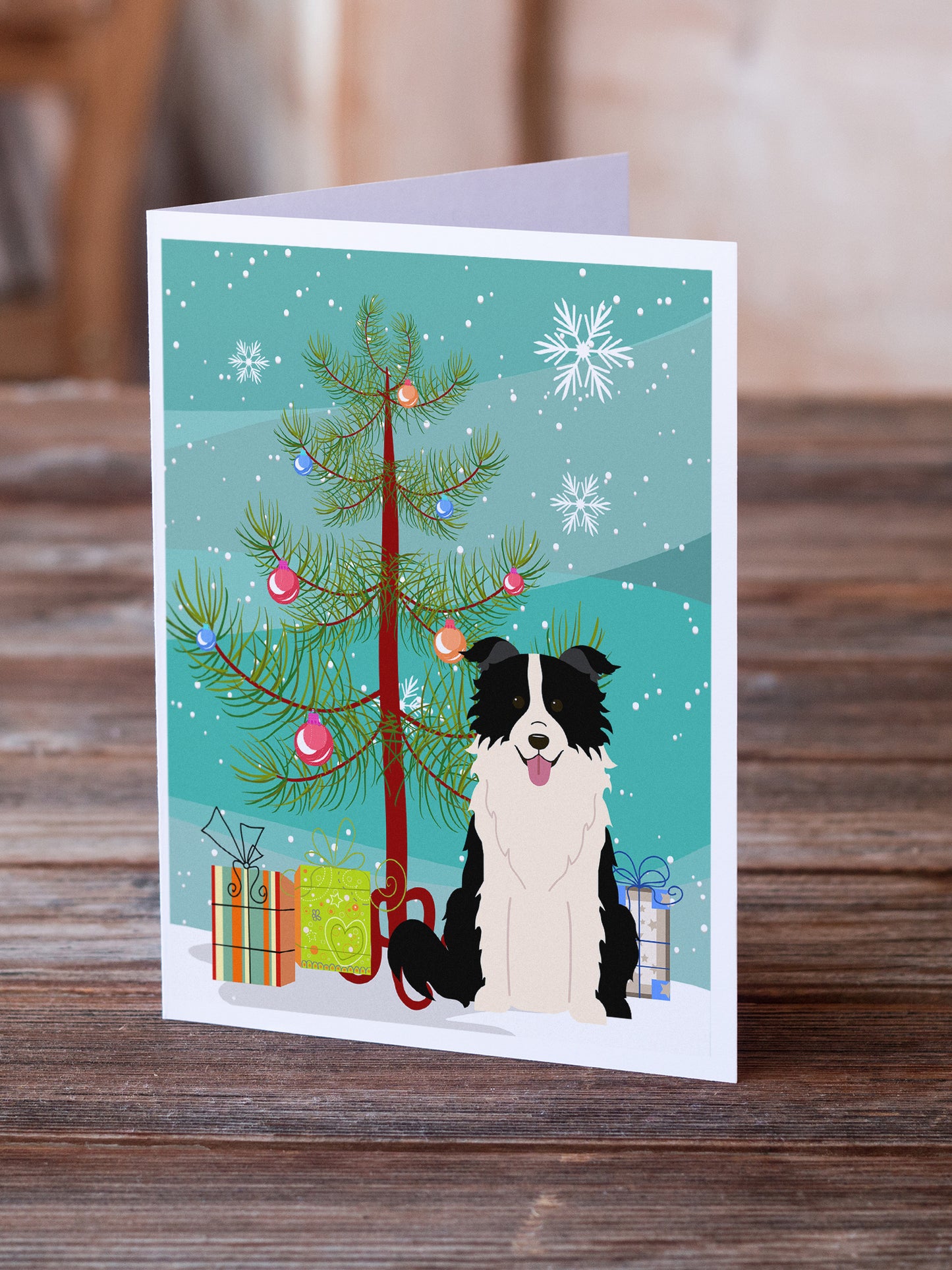 Merry Christmas Tree Border Collie Black White Greeting Cards Pack of 8