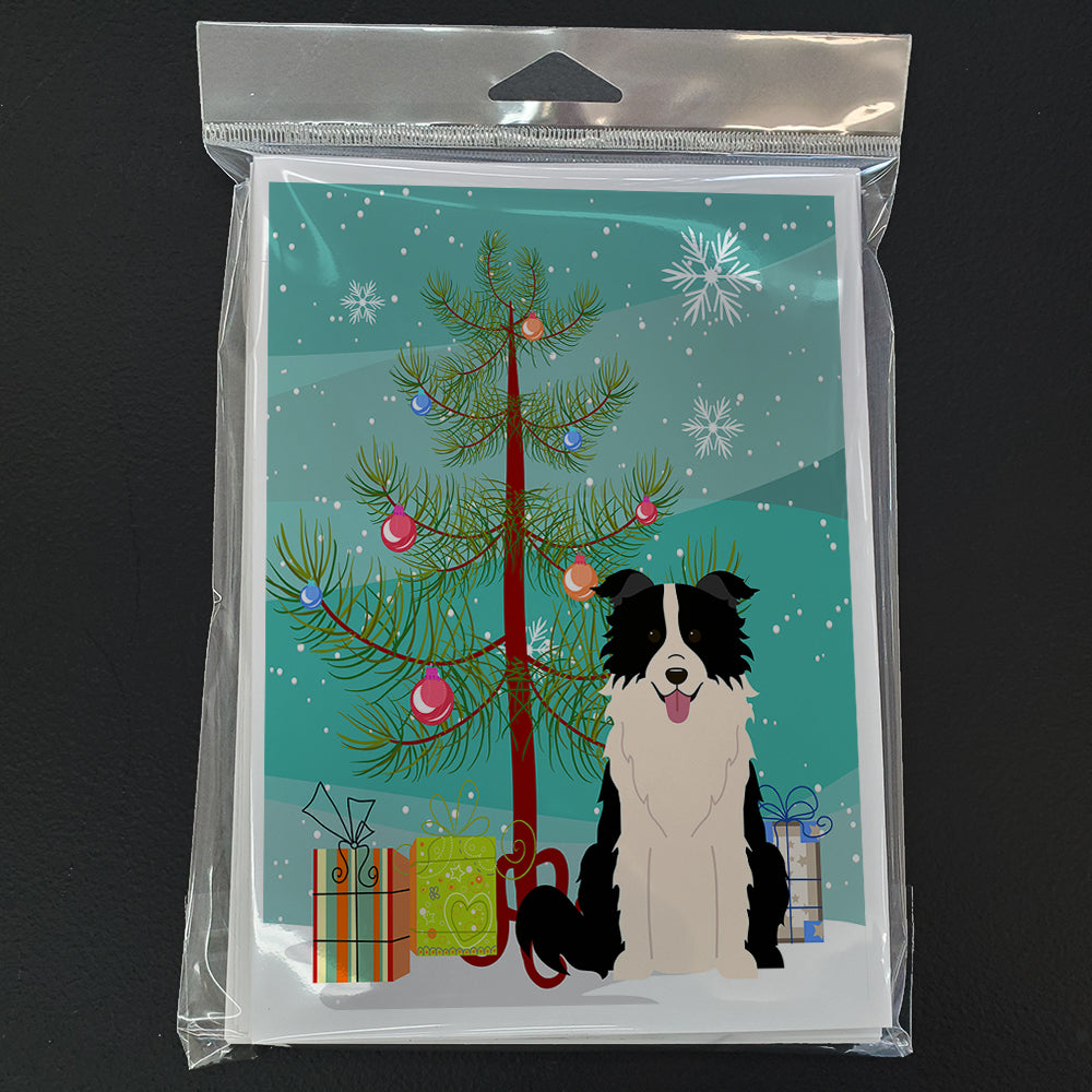 Merry Christmas Tree Border Collie Black White Greeting Cards Pack of 8