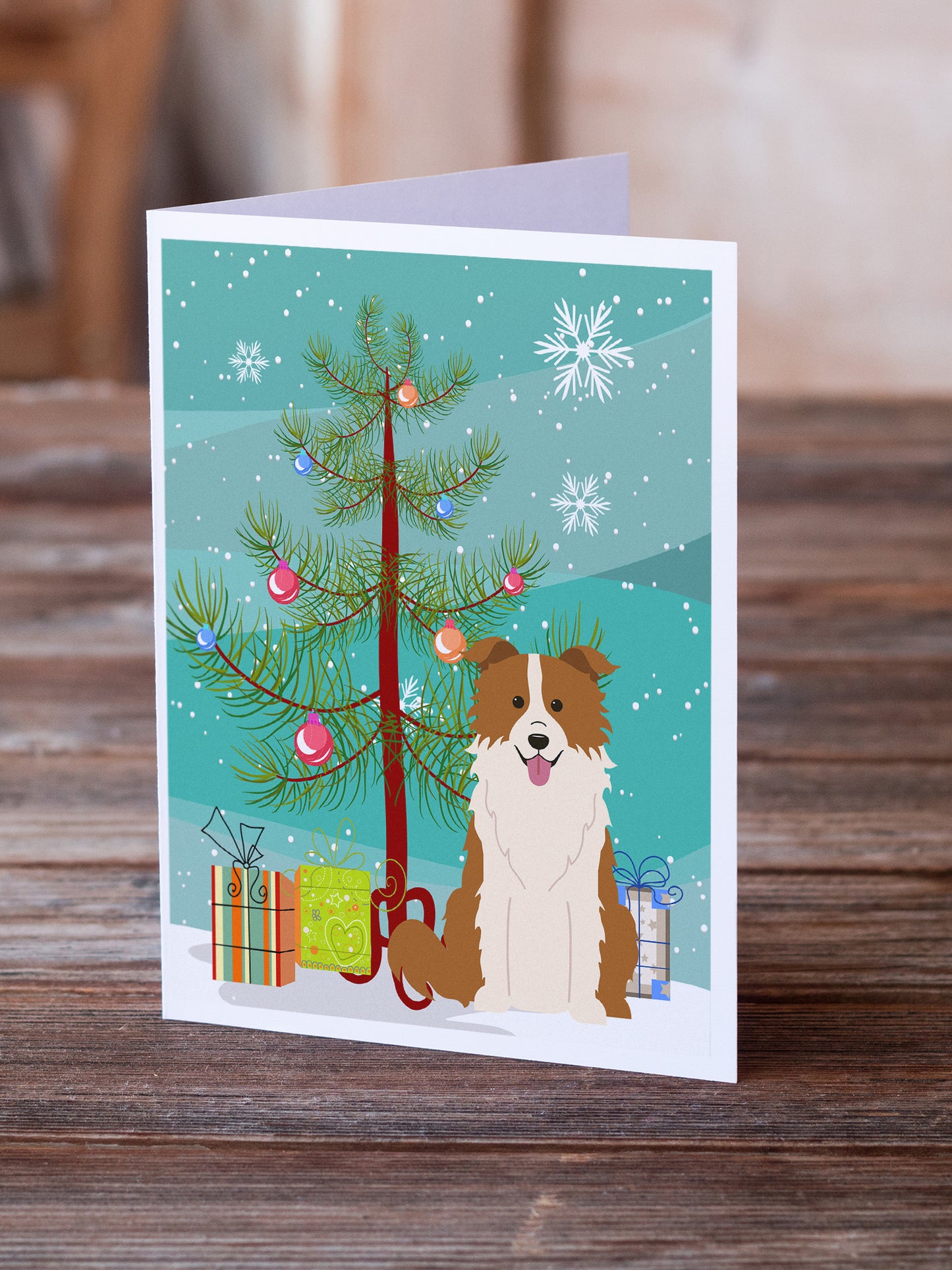 Merry Christmas Tree Border Collie Red White Greeting Cards Pack of 8
