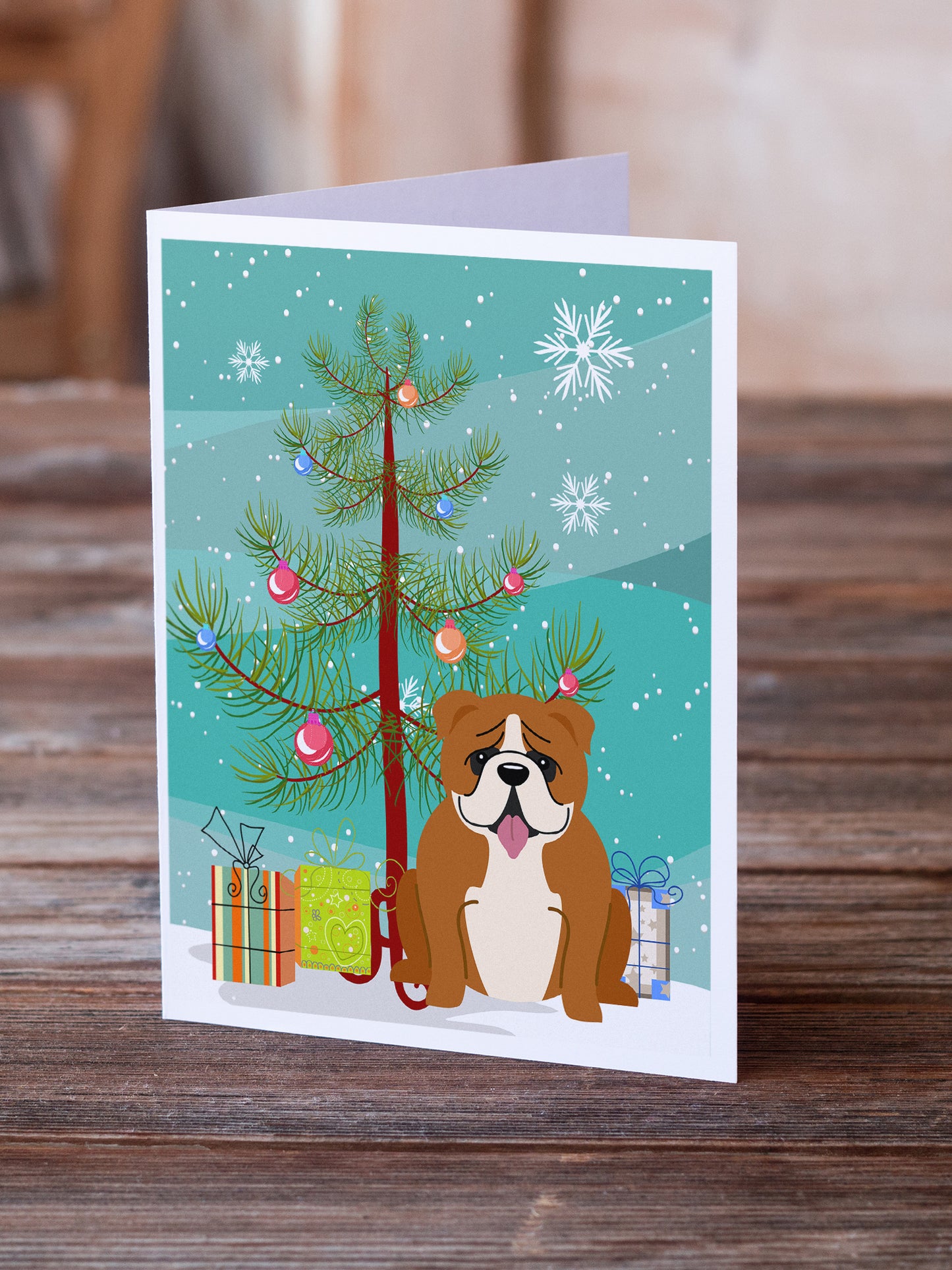 Merry Christmas Tree English Bulldog Red White Greeting Cards Pack of 8