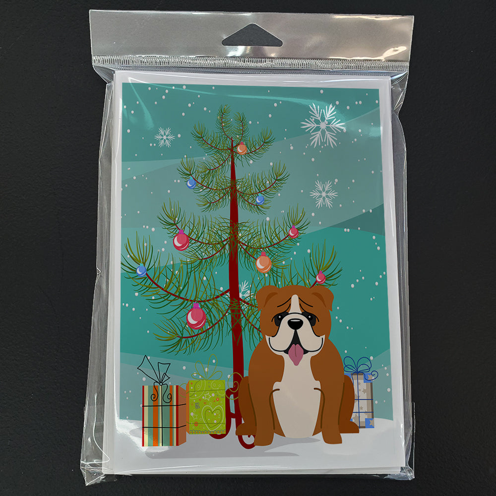 Merry Christmas Tree English Bulldog Red White Greeting Cards Pack of 8