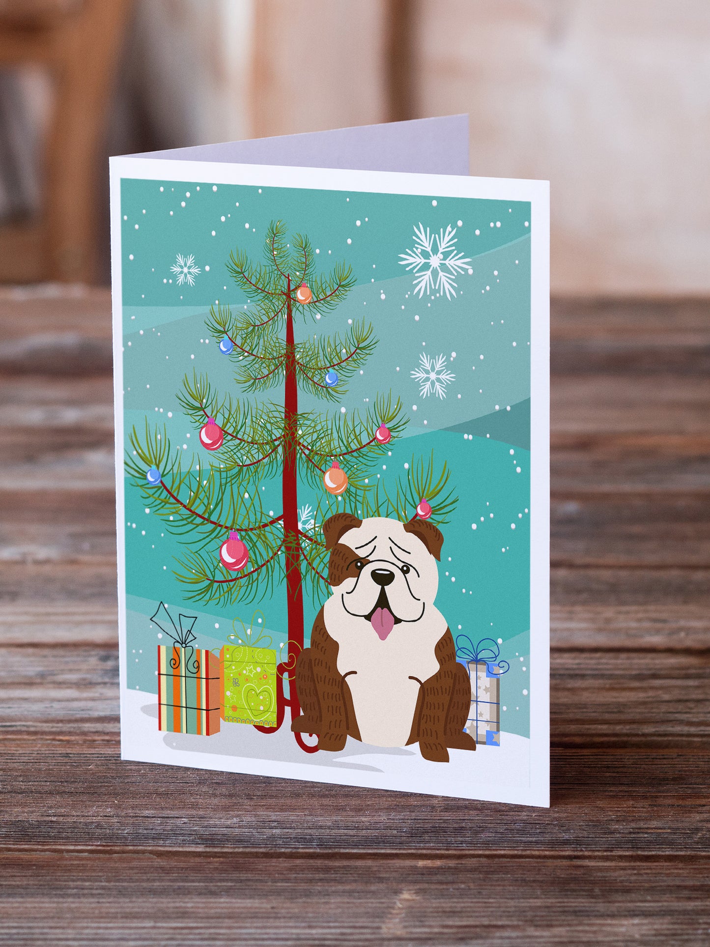 Merry Christmas Tree English Bulldog Brindle White Greeting Cards Pack of 8