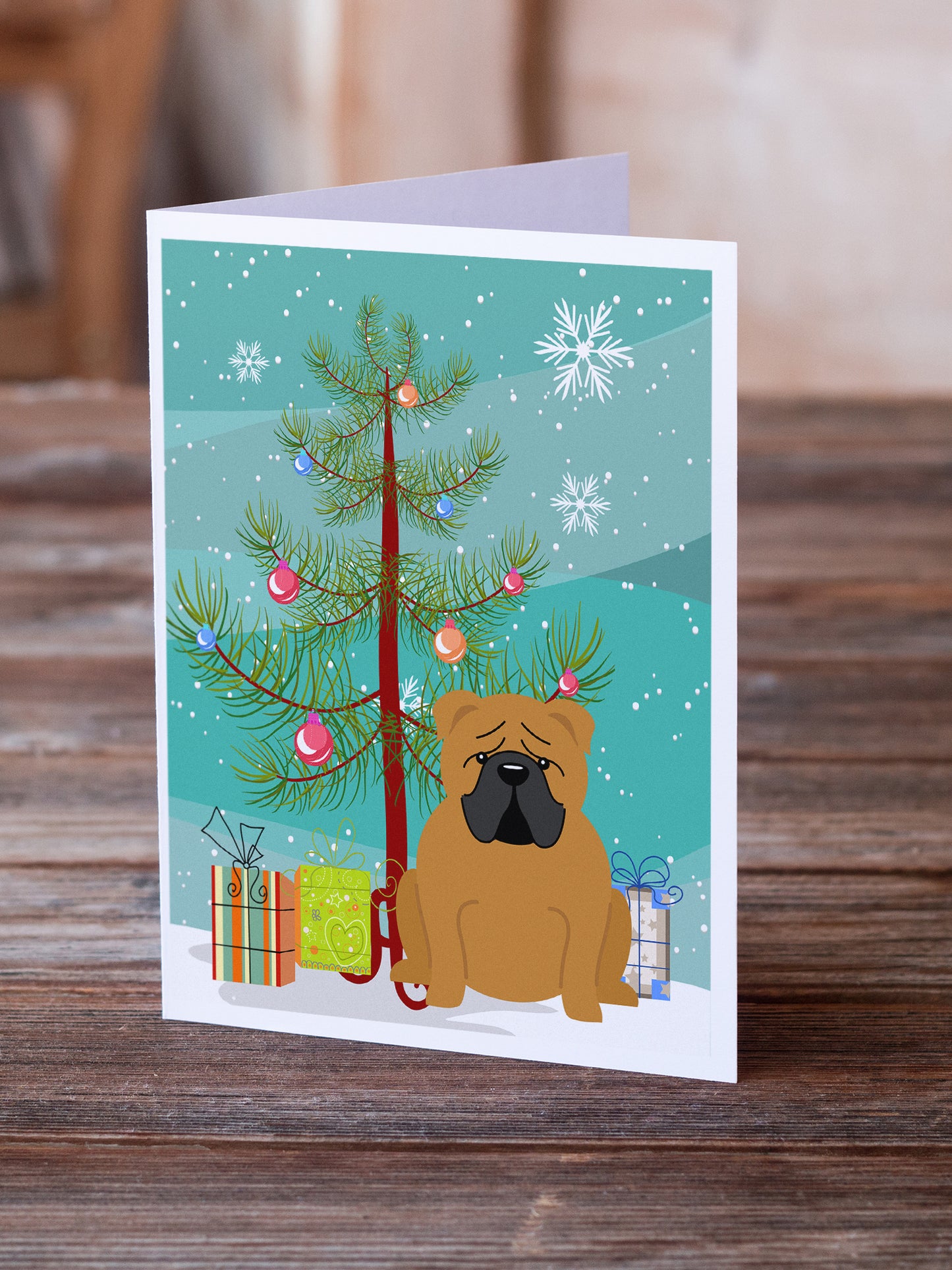 Merry Christmas Tree English Bulldog Red Greeting Cards Pack of 8