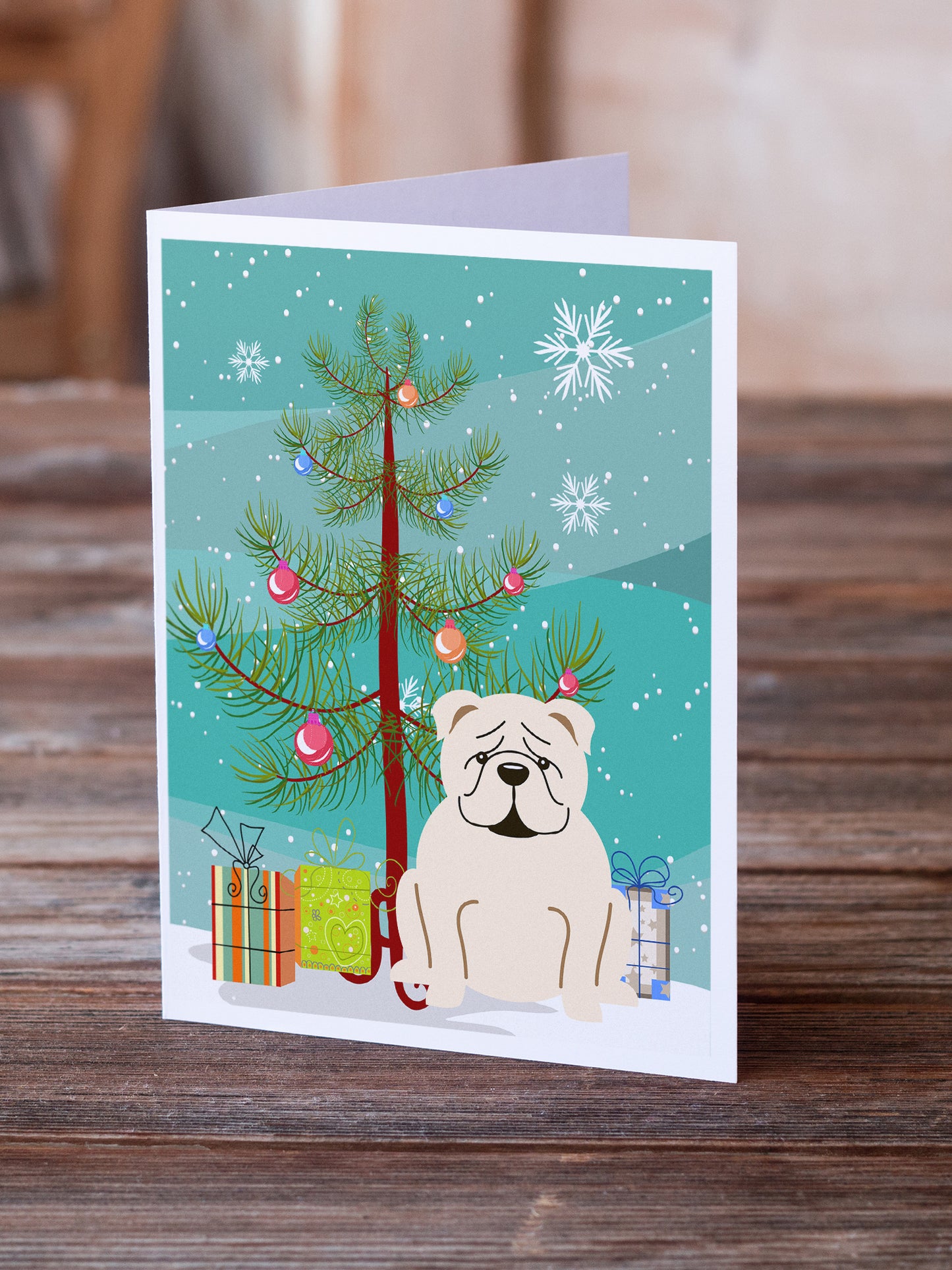 Merry Christmas Tree English Bulldog White Greeting Cards Pack of 8