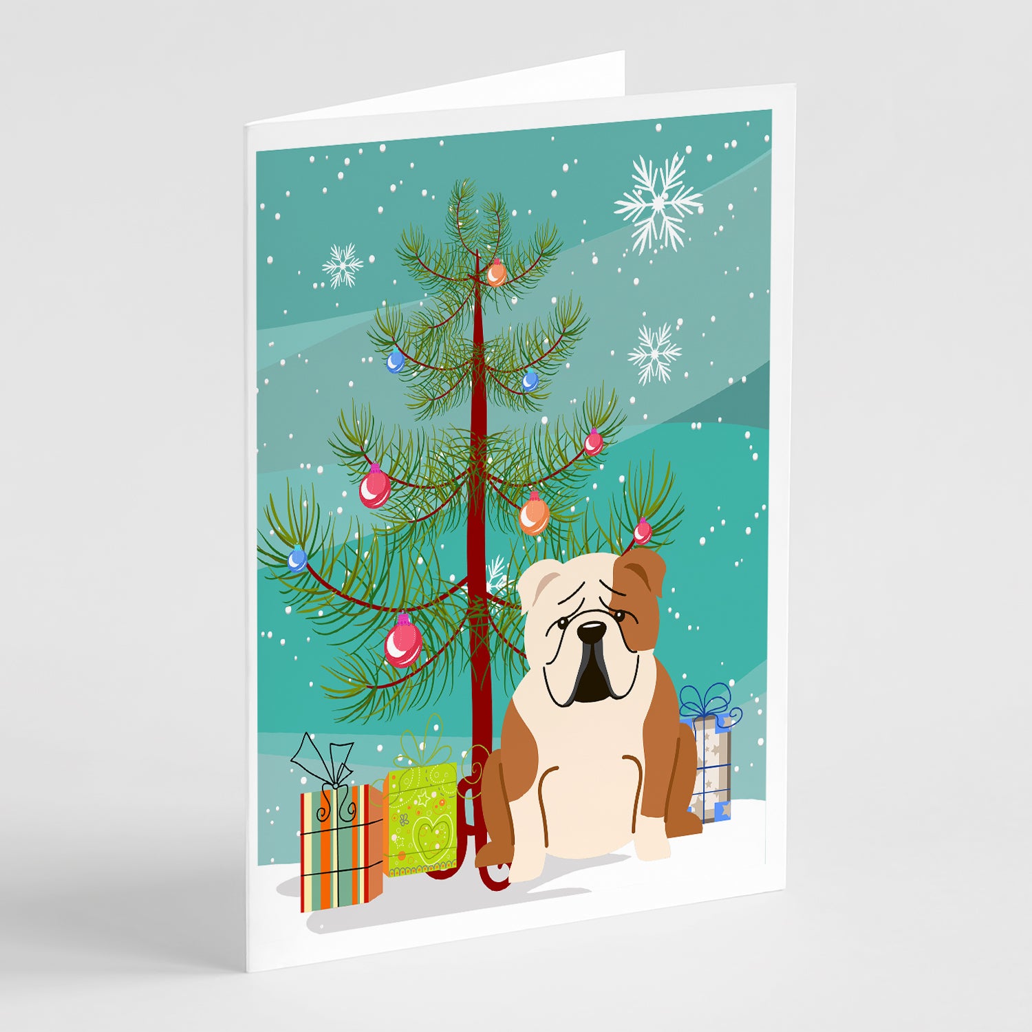 Buy this Merry Christmas Tree English Bulldog Fawn White Greeting Cards Pack of 8