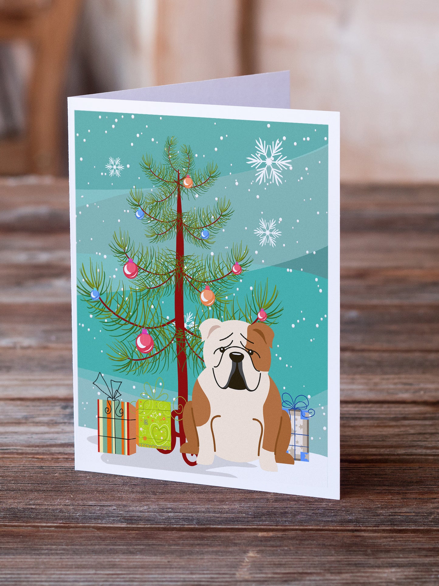 Merry Christmas Tree English Bulldog Fawn White Greeting Cards Pack of 8