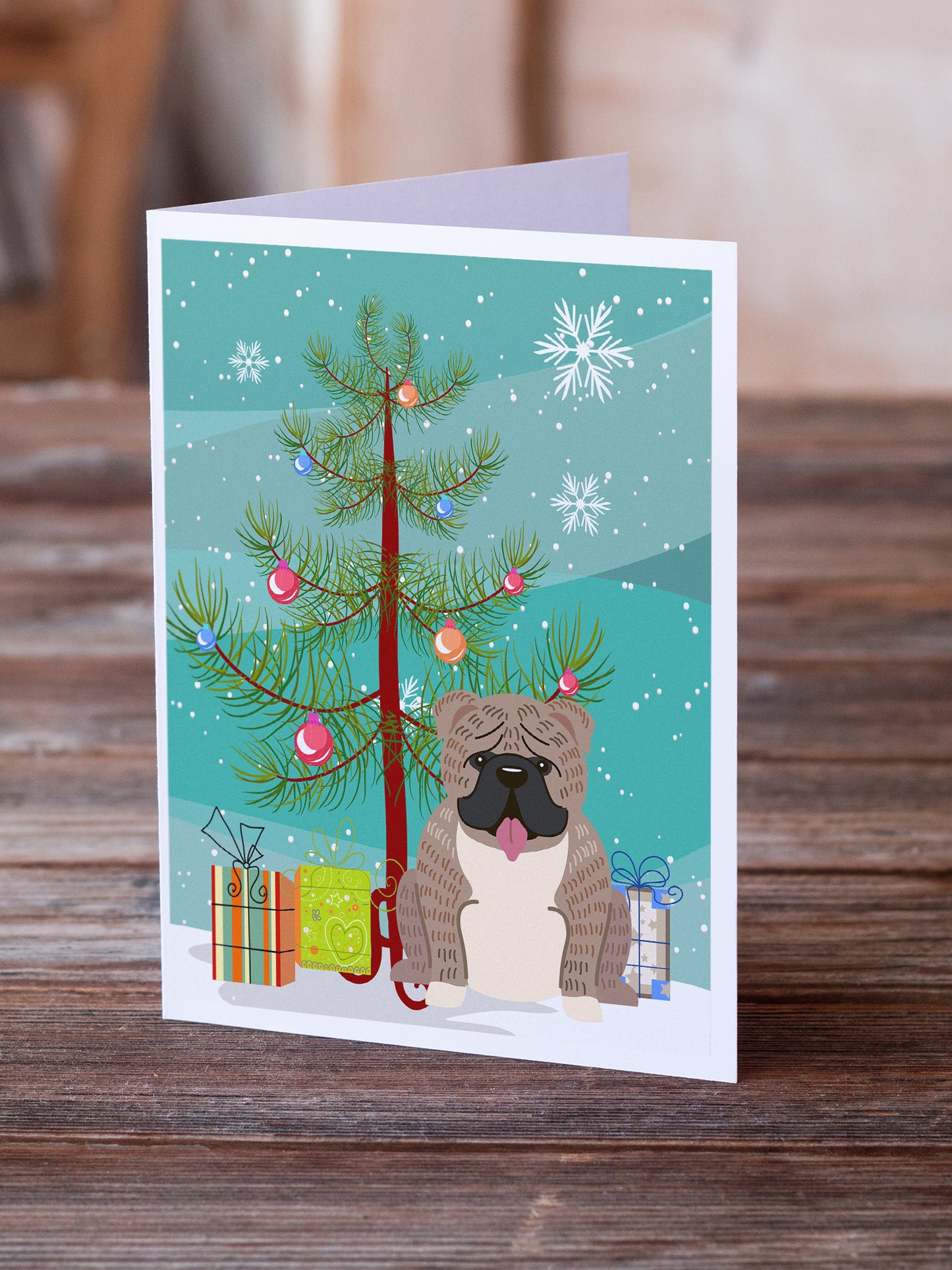 Merry Christmas Tree English Bulldog Grey Brindle  Greeting Cards Pack of 8