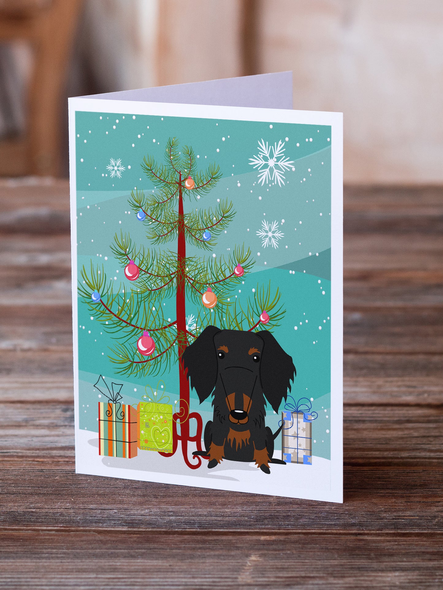 Merry Christmas Tree Wire Haired Dachshund Black Tan Greeting Cards Pack of 8