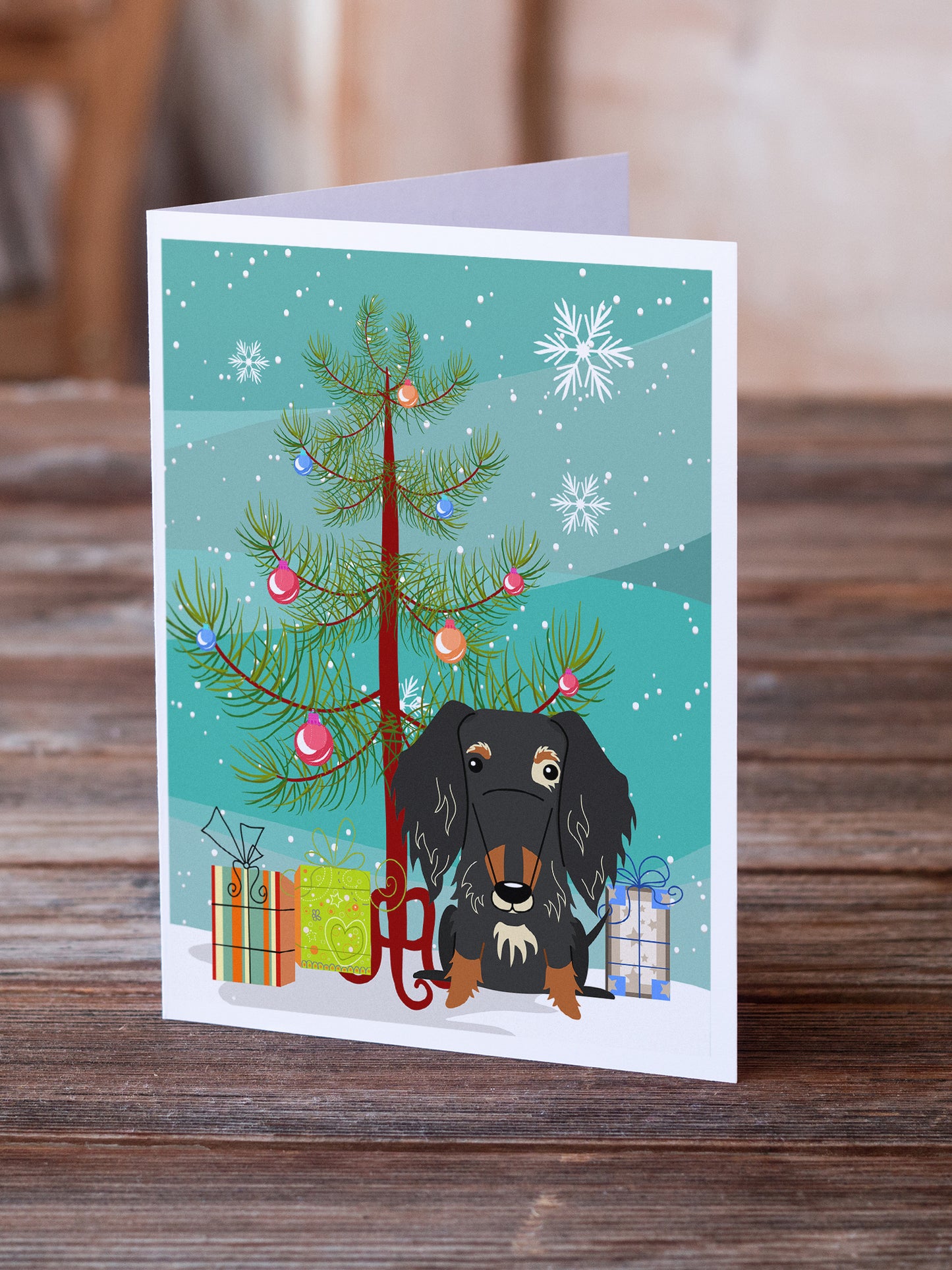 Merry Christmas Tree Wire Haired Dachshund Dapple Greeting Cards Pack of 8