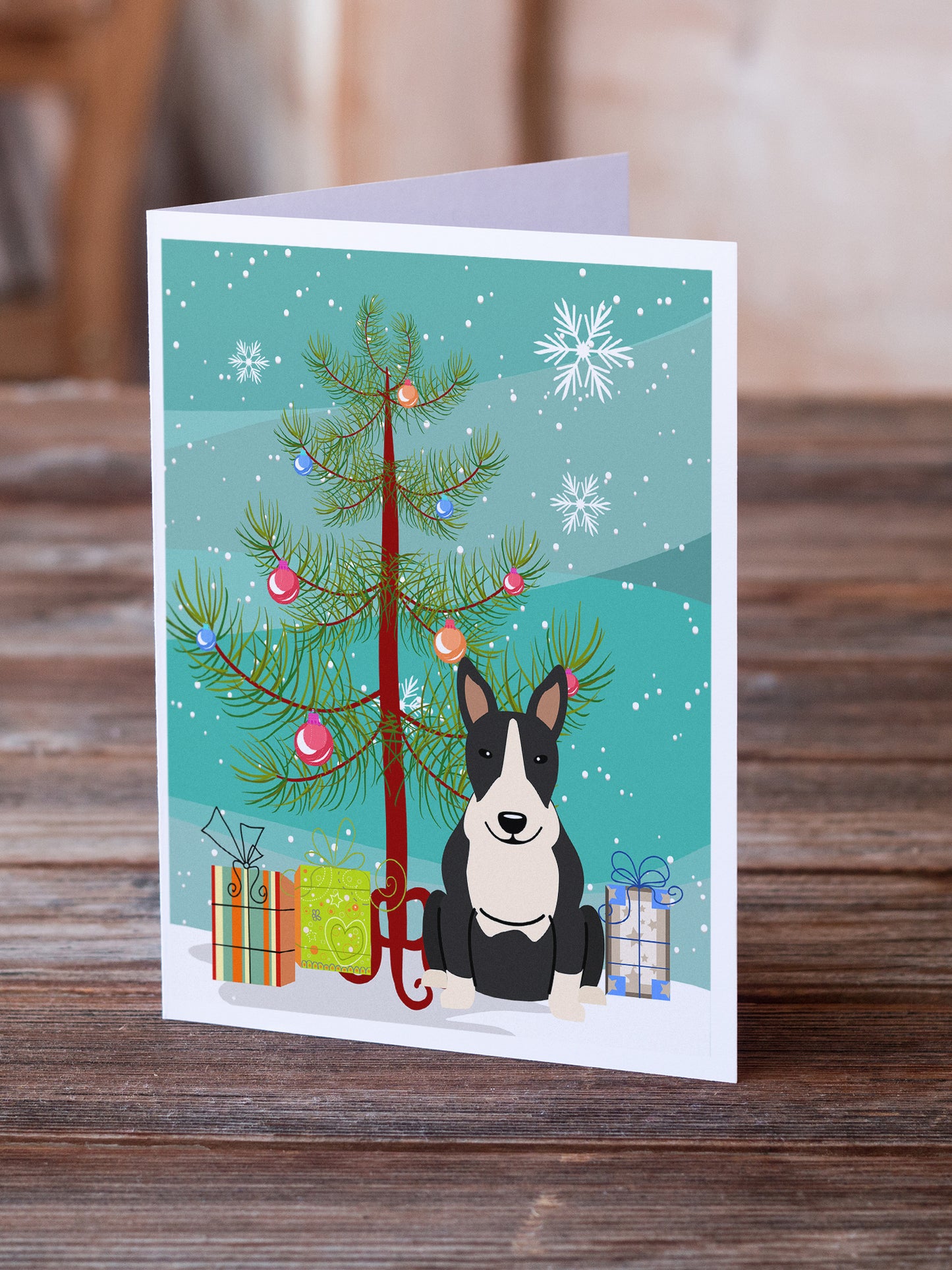 Merry Christmas Tree Bull Terrier Black White Greeting Cards Pack of 8