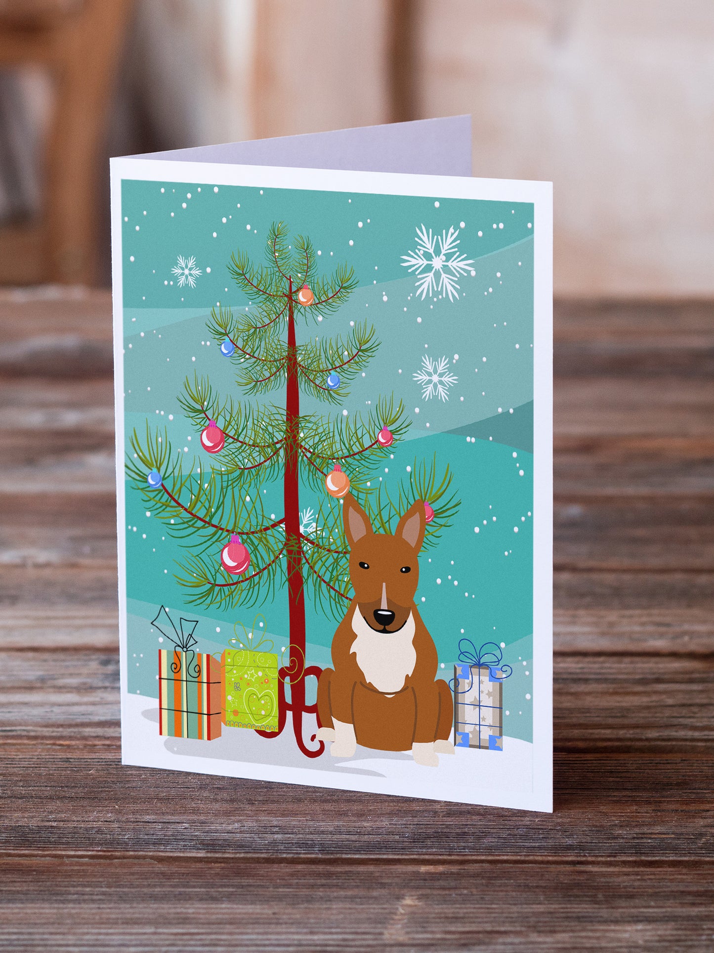 Merry Christmas Tree Bull Terrier Red Greeting Cards Pack of 8