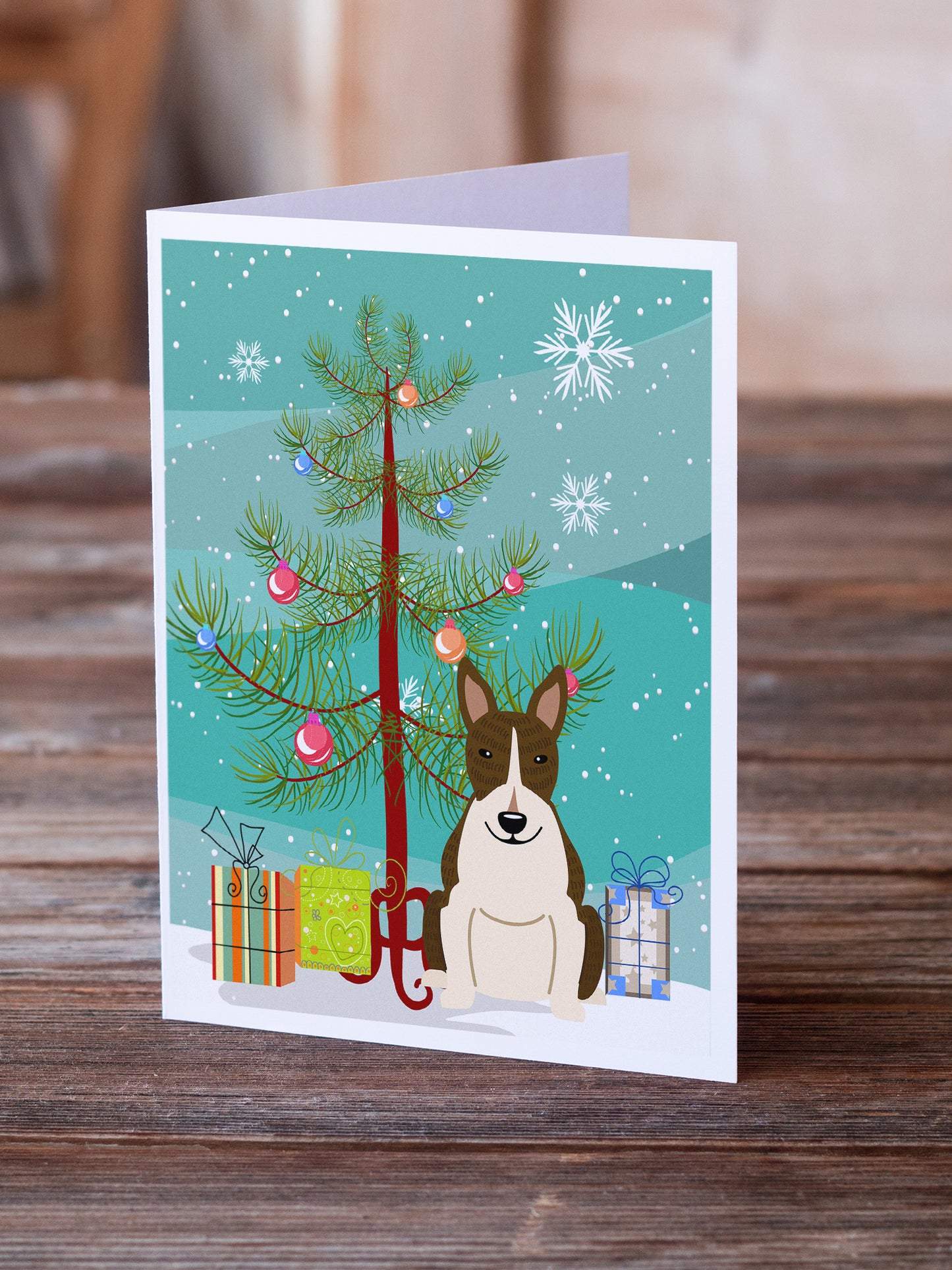 Merry Christmas Tree Bull Terrier Dark Brindle Greeting Cards Pack of 8