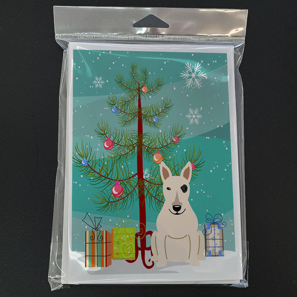 Merry Christmas Tree Bull Terrier White Greeting Cards Pack of 8