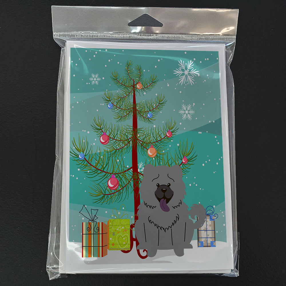 Merry Christmas Tree Chow Chow Blue Greeting Cards Pack of 8