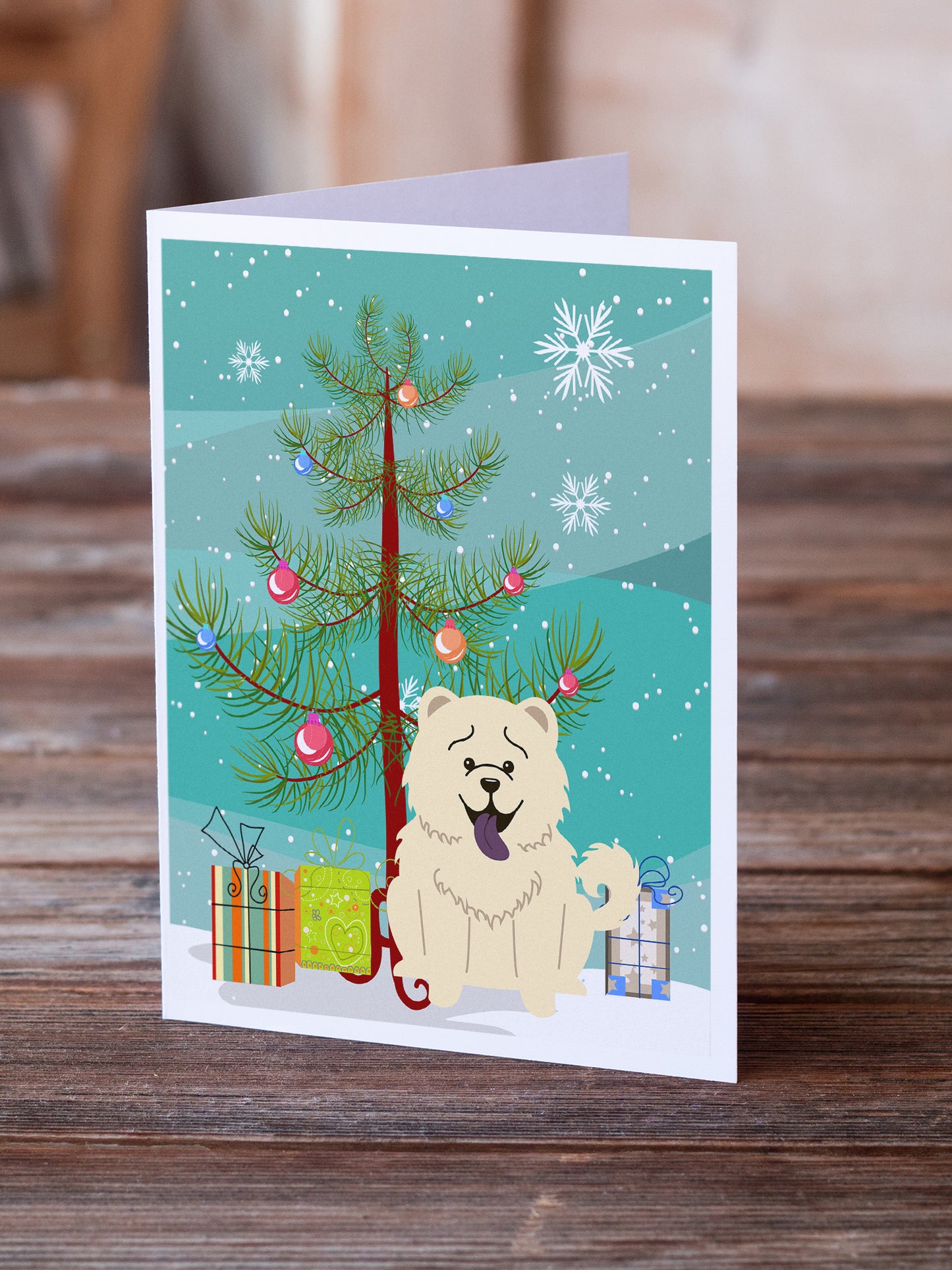 Merry Christmas Tree Chow Chow White Greeting Cards Pack of 8