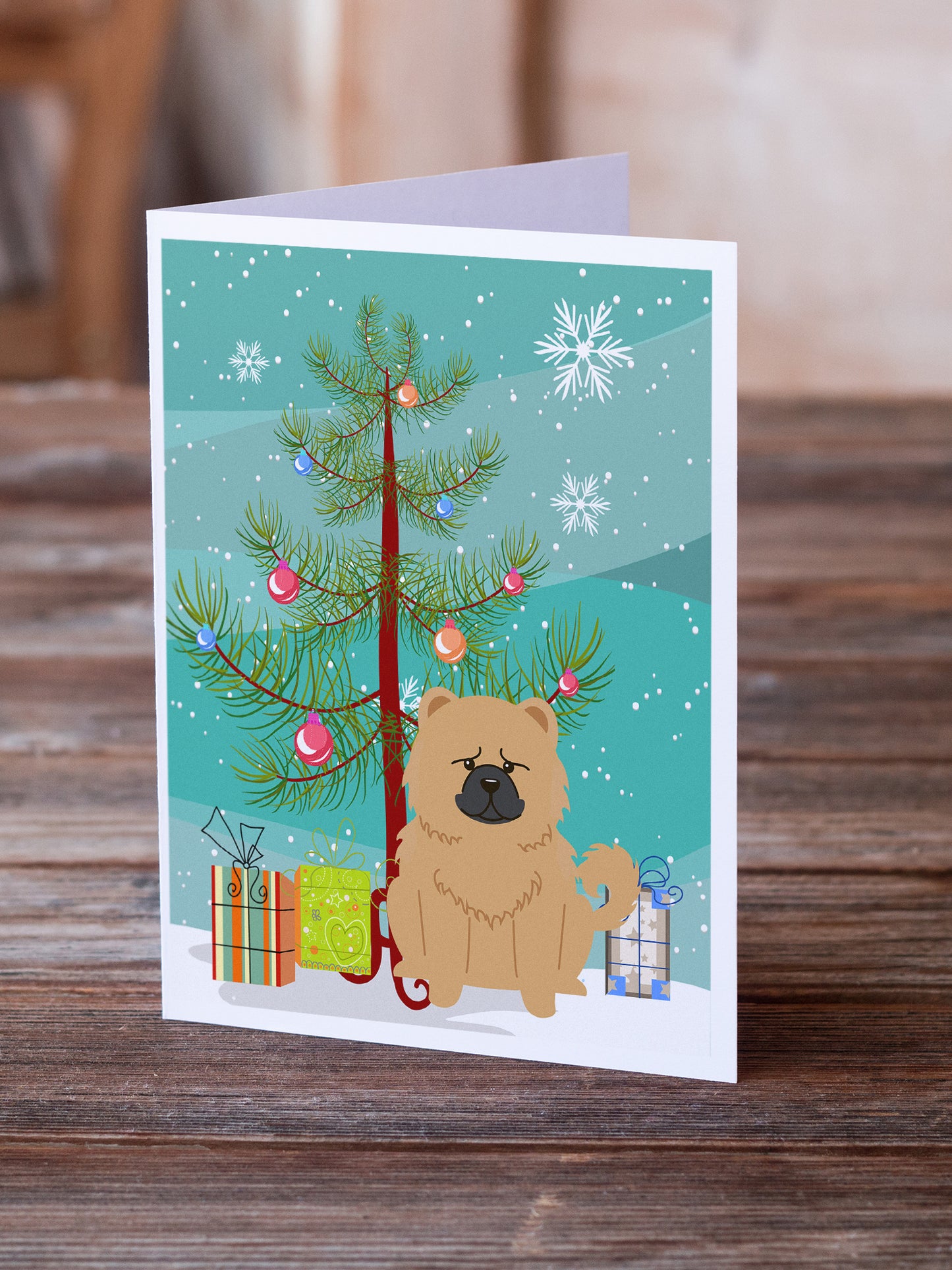 Merry Christmas Tree Chow Chow Cream Greeting Cards Pack of 8