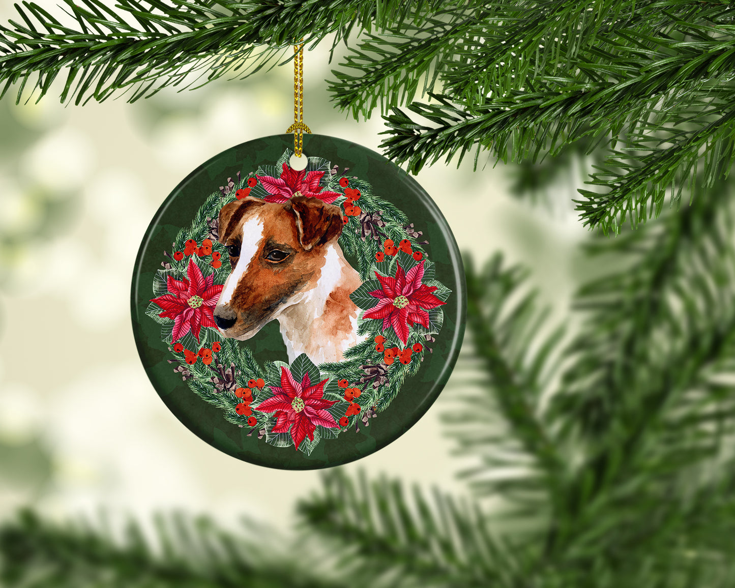 Smooth Fox Terrier Poinsetta Wreath Ceramic Ornament