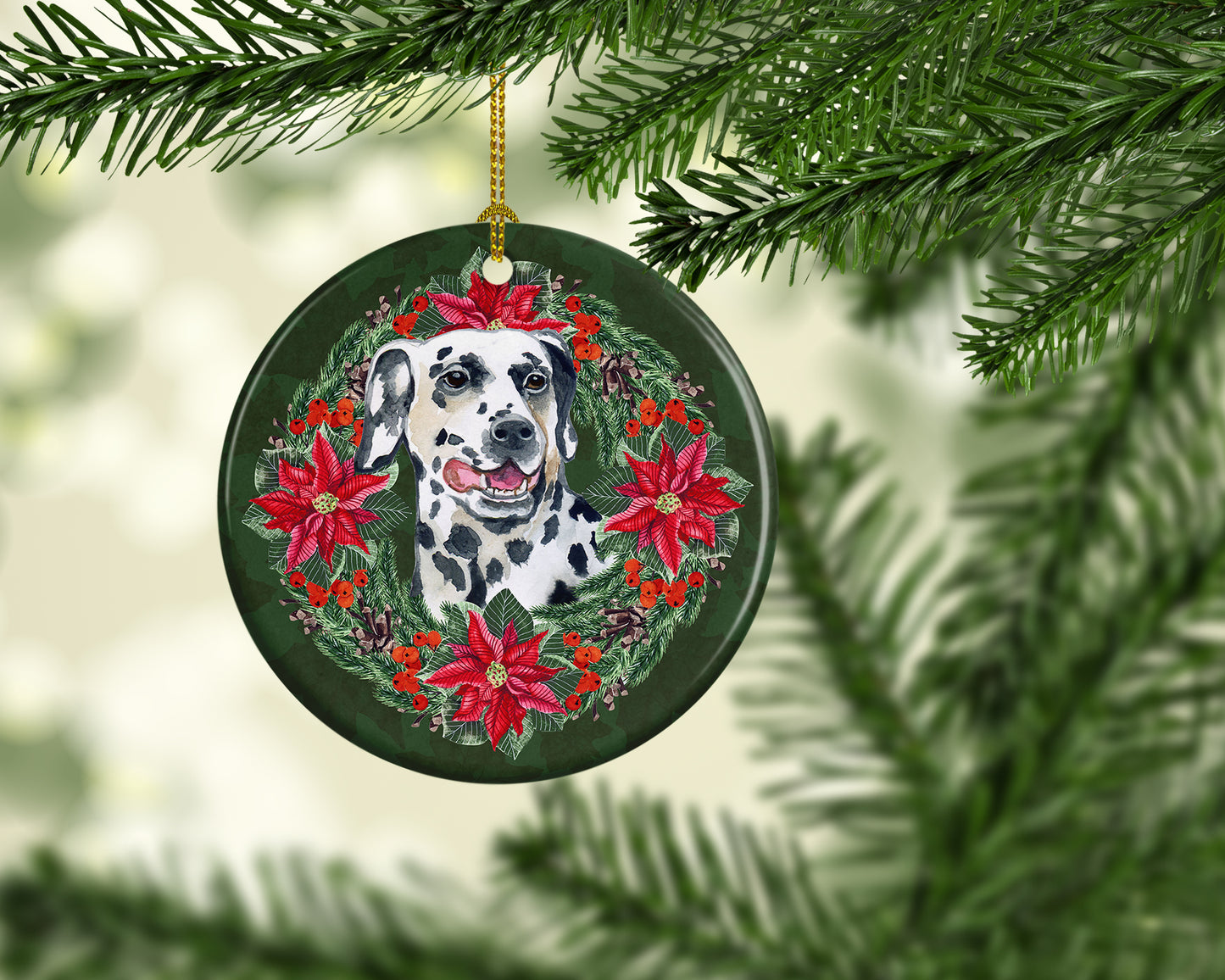 Dalmatian Poinsetta Wreath Ceramic Ornament