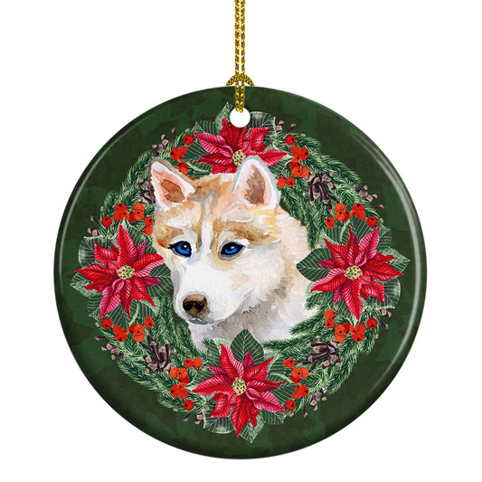 Buy this Siberian Husky Poinsetta Wreath Ceramic Ornament