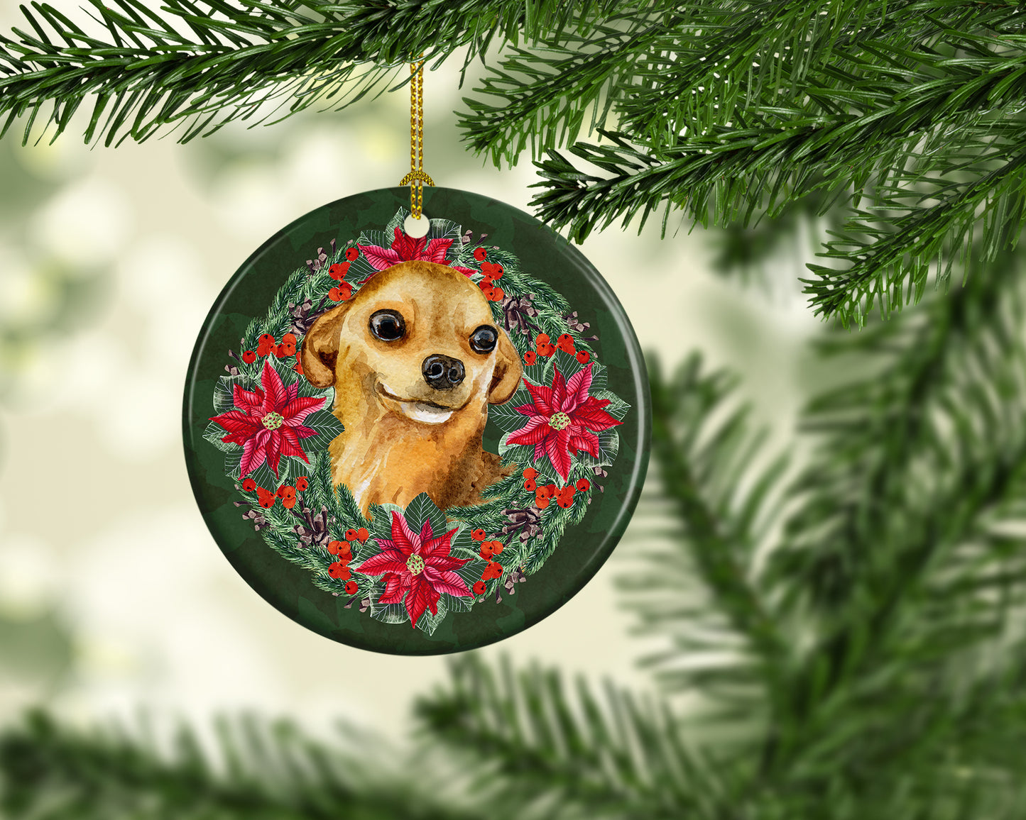 Chihuahua Poinsetta Wreath Ceramic Ornament