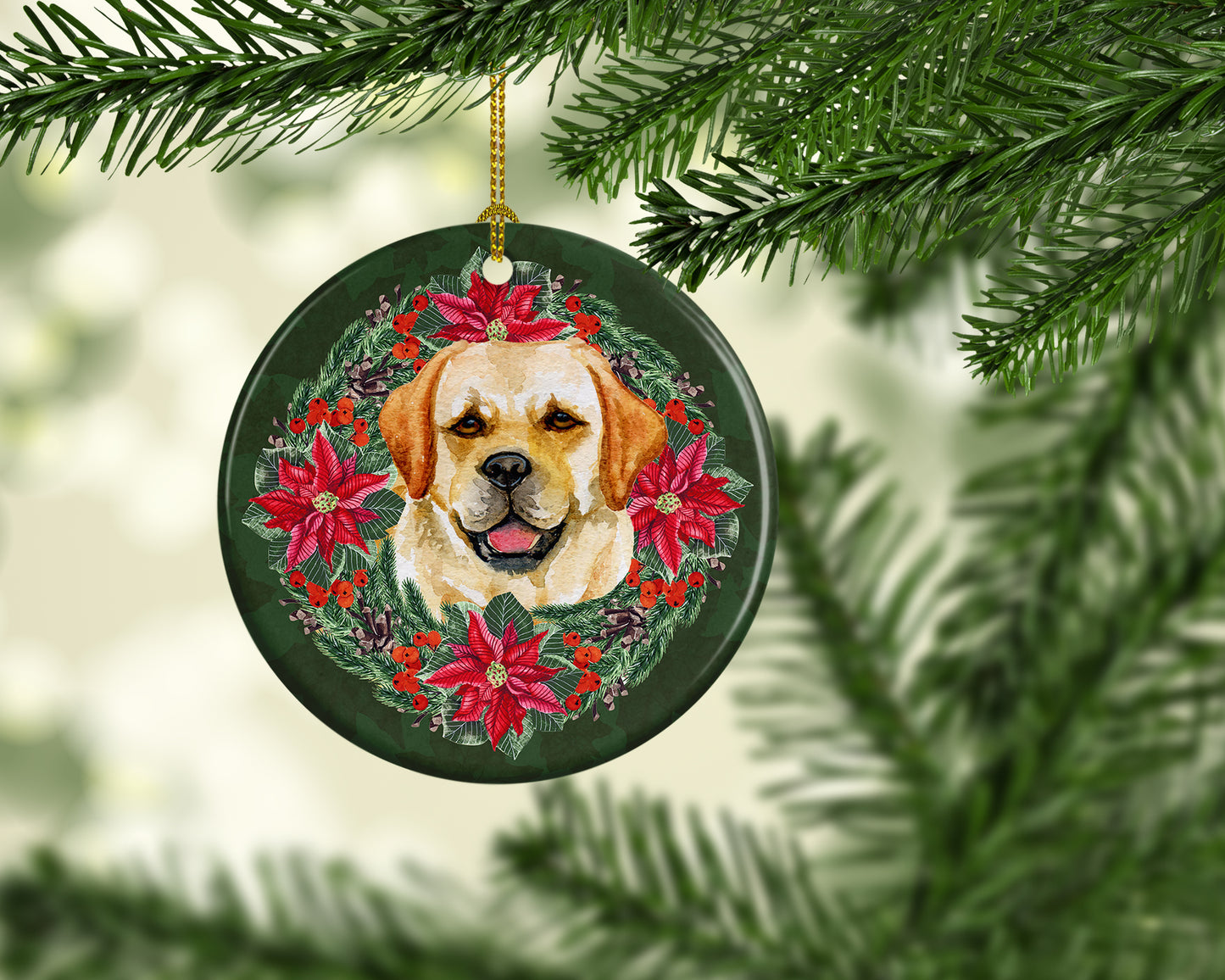 Golden Retriever Poinsetta Wreath Ceramic Ornament