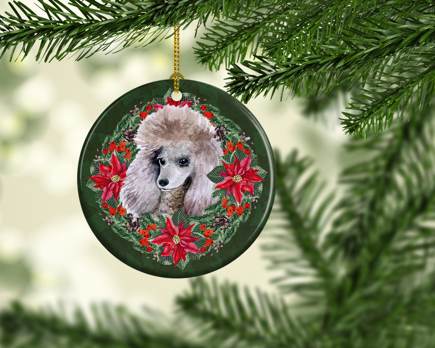 Poodle Poinsetta Wreath Ceramic Ornament