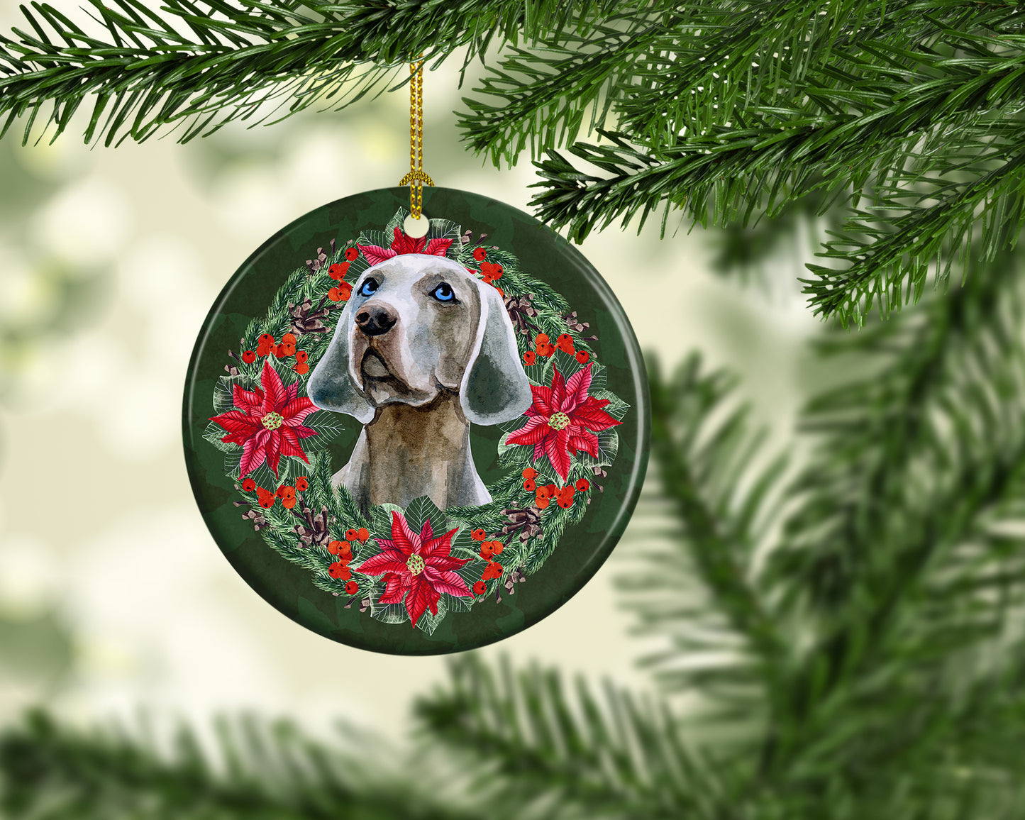 Weimaraner Poinsetta Wreath Ceramic Ornament