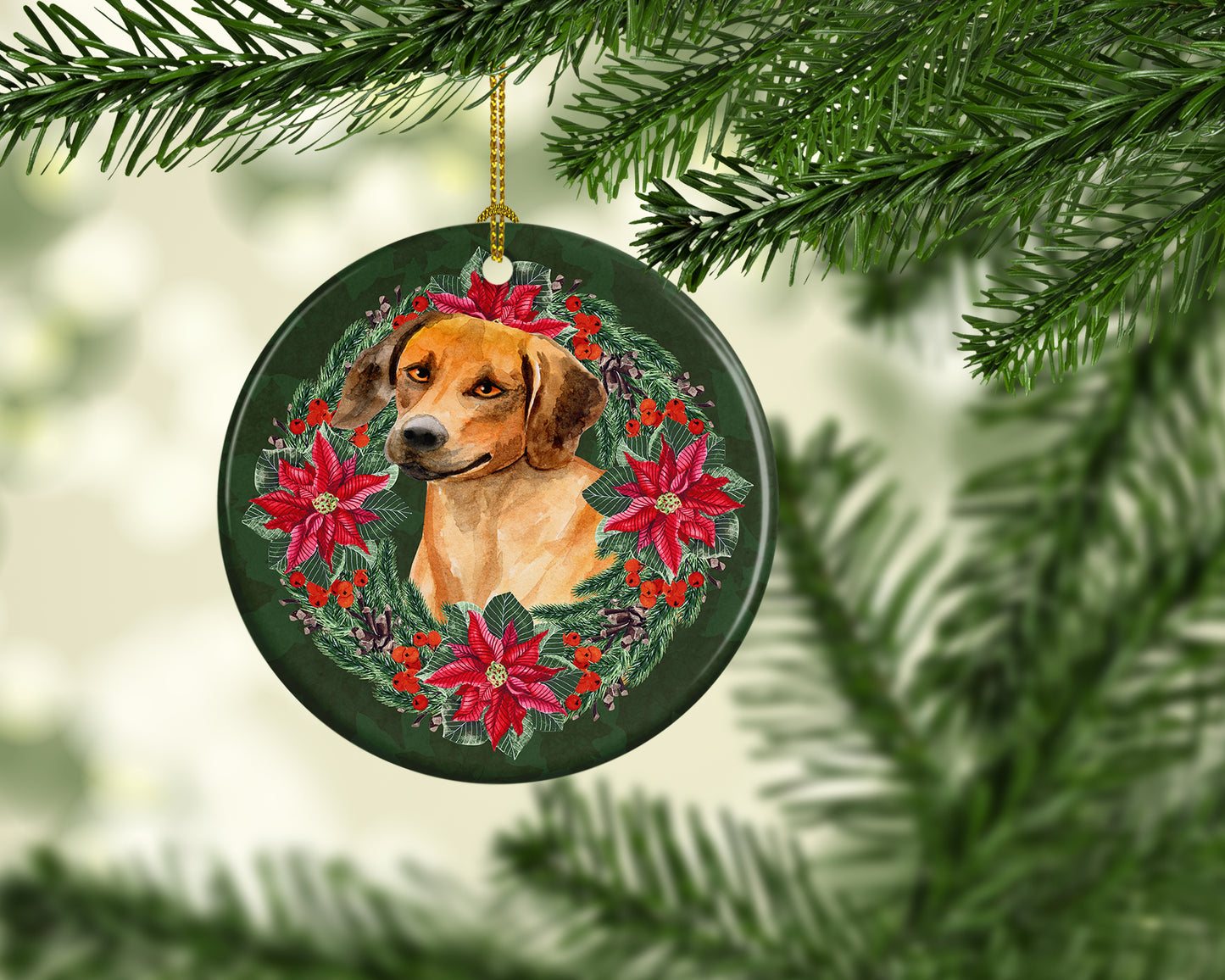 Rhodesian Ridgeback Poinsetta Wreath Ceramic Ornament