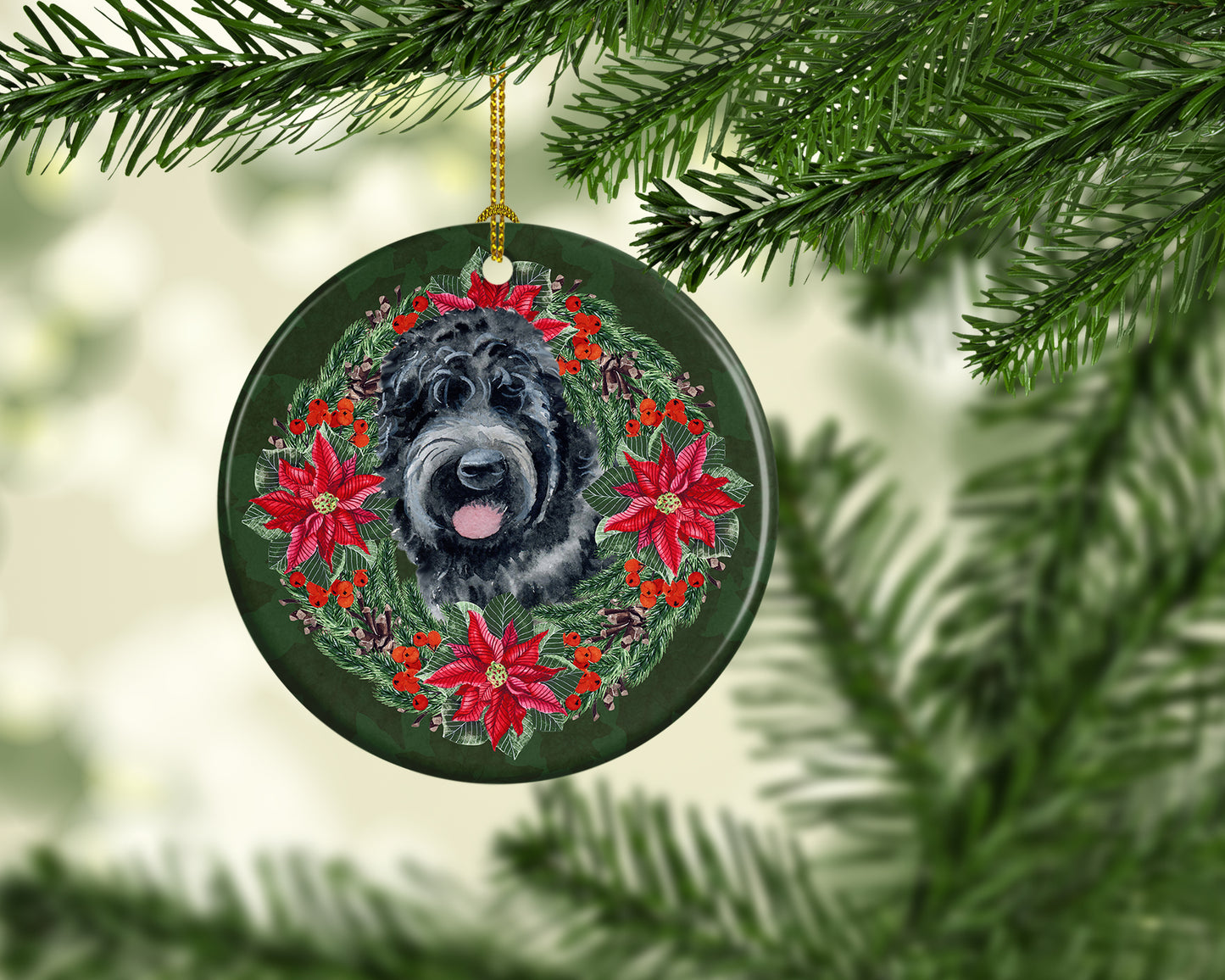 Black Russian Terrier Poinsetta Wreath Ceramic Ornament