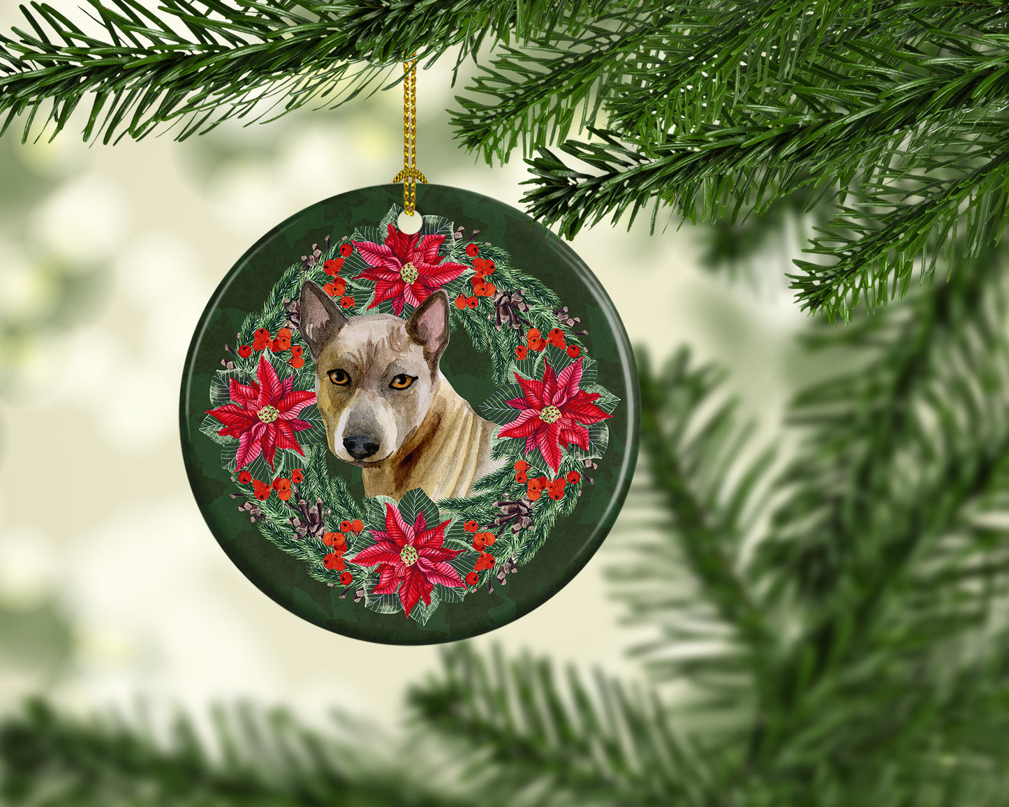 Thai Ridgeback Poinsetta Wreath Ceramic Ornament